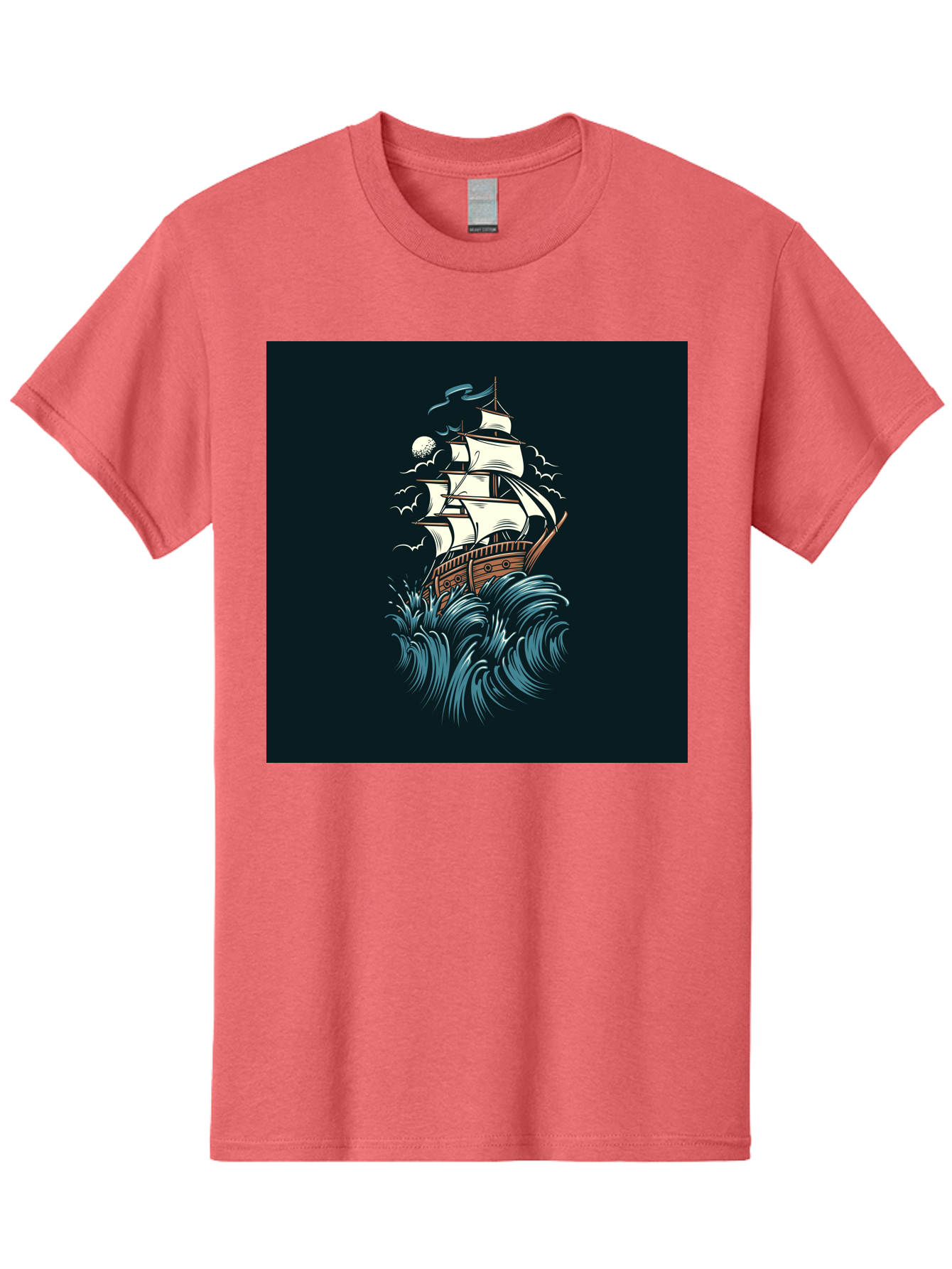 Sailing-Ship Men'S Graphic Tee, 100% Cotton, Comfortable Casual Summer Wear, Machine Washable, Sailing Ship, Stormy Sea, Rough Waves, Turbulent Weather, White Sails, Wooden Hull, Sailing Vessels, Coastal Scenery, Maritime Art, Navy Blue, Aab478