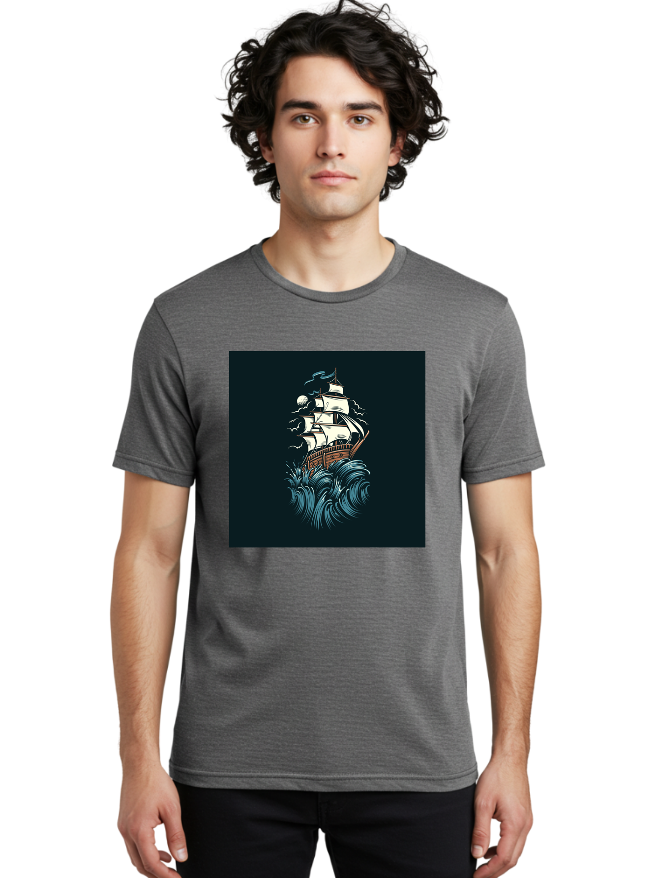 Sailing-Ship Men'S Graphic Tee, 100% Cotton, Comfortable Casual Summer Wear, Machine Washable, Sailing Ship, Stormy Sea, Rough Waves, Turbulent Weather, White Sails, Wooden Hull, Sailing Vessels, Coastal Scenery, Maritime Art, Navy Blue, Aab478