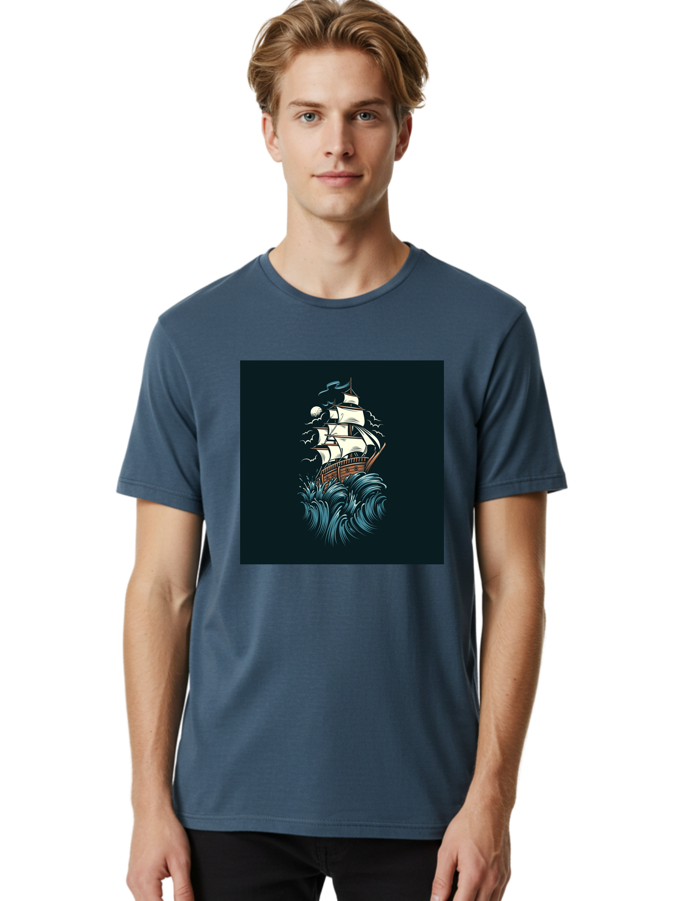 Sailing-Ship Men'S Graphic Tee, 100% Cotton, Comfortable Casual Summer Wear, Machine Washable, Sailing Ship, Stormy Sea, Rough Waves, Turbulent Weather, White Sails, Wooden Hull, Sailing Vessels, Coastal Scenery, Maritime Art, Navy Blue, Aab478