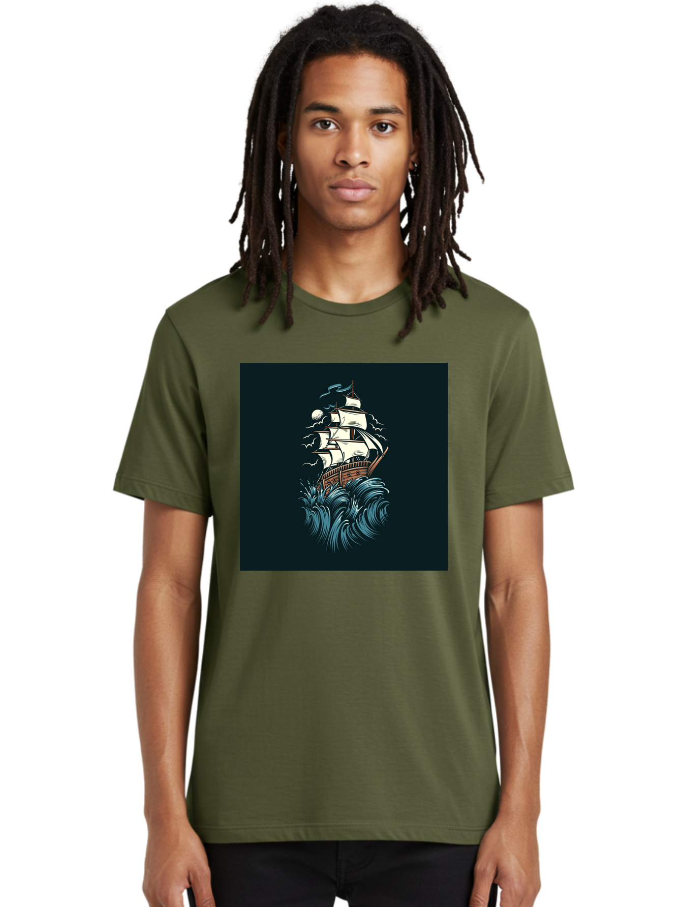 Sailing-Ship Men'S Graphic Tee, 100% Cotton, Comfortable Casual Summer Wear, Machine Washable, Sailing Ship, Stormy Sea, Rough Waves, Turbulent Weather, White Sails, Wooden Hull, Sailing Vessels, Coastal Scenery, Maritime Art, Navy Blue, Aab478