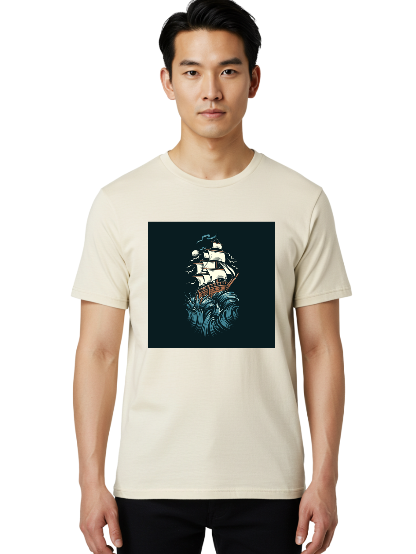 Sailing-Ship Men'S Graphic Tee, 100% Cotton, Comfortable Casual Summer Wear, Machine Washable, Sailing Ship, Stormy Sea, Rough Waves, Turbulent Weather, White Sails, Wooden Hull, Sailing Vessels, Coastal Scenery, Maritime Art, Navy Blue, Aab478