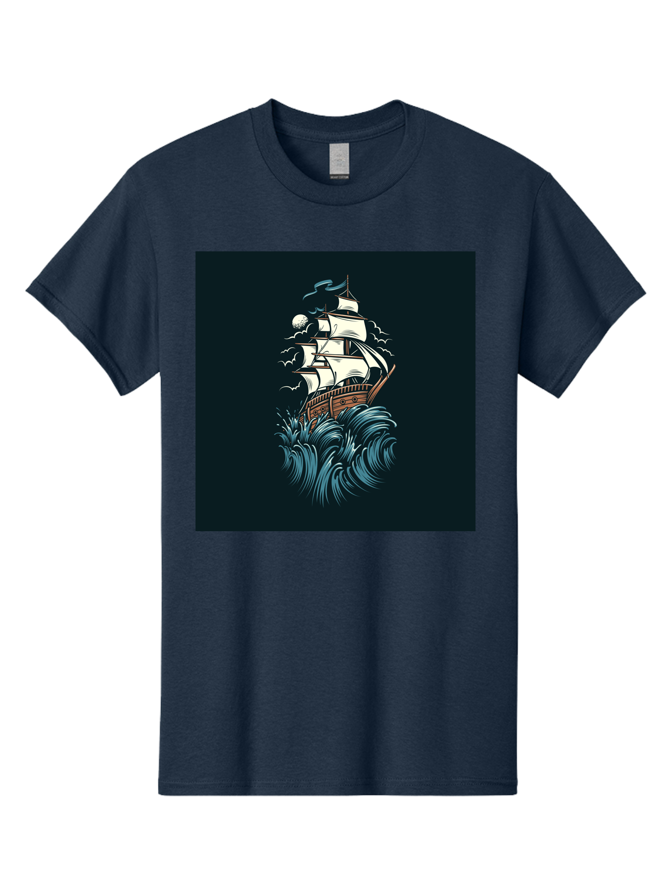 Sailing-Ship Men'S Graphic Tee, 100% Cotton, Comfortable Casual Summer Wear, Machine Washable, Sailing Ship, Stormy Sea, Rough Waves, Turbulent Weather, White Sails, Wooden Hull, Sailing Vessels, Coastal Scenery, Maritime Art, Navy Blue, Aab478