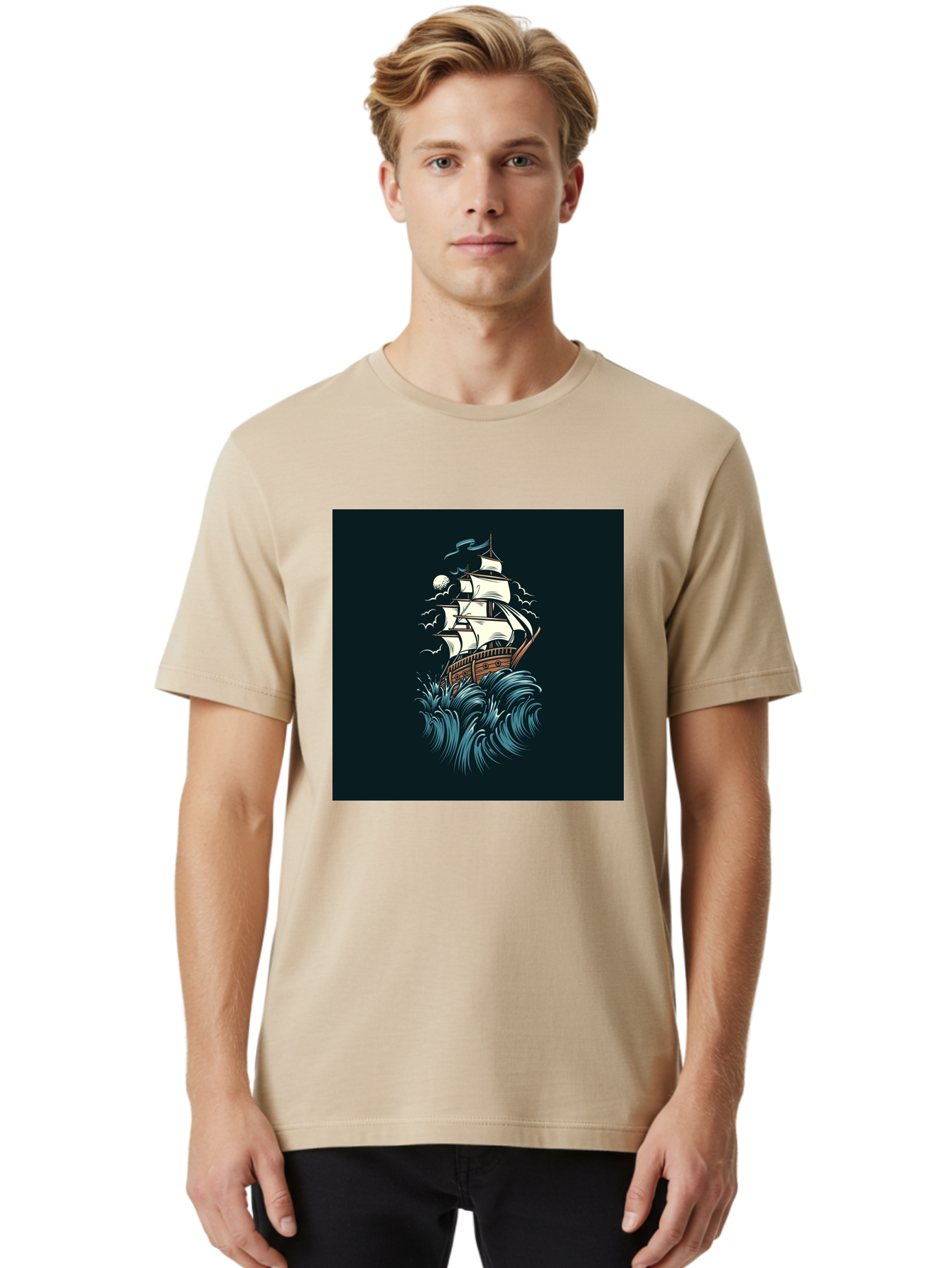 Sailing-Ship Men'S Graphic Tee, 100% Cotton, Comfortable Casual Summer Wear, Machine Washable, Sailing Ship, Stormy Sea, Rough Waves, Turbulent Weather, White Sails, Wooden Hull, Sailing Vessels, Coastal Scenery, Maritime Art, Navy Blue, Aab478