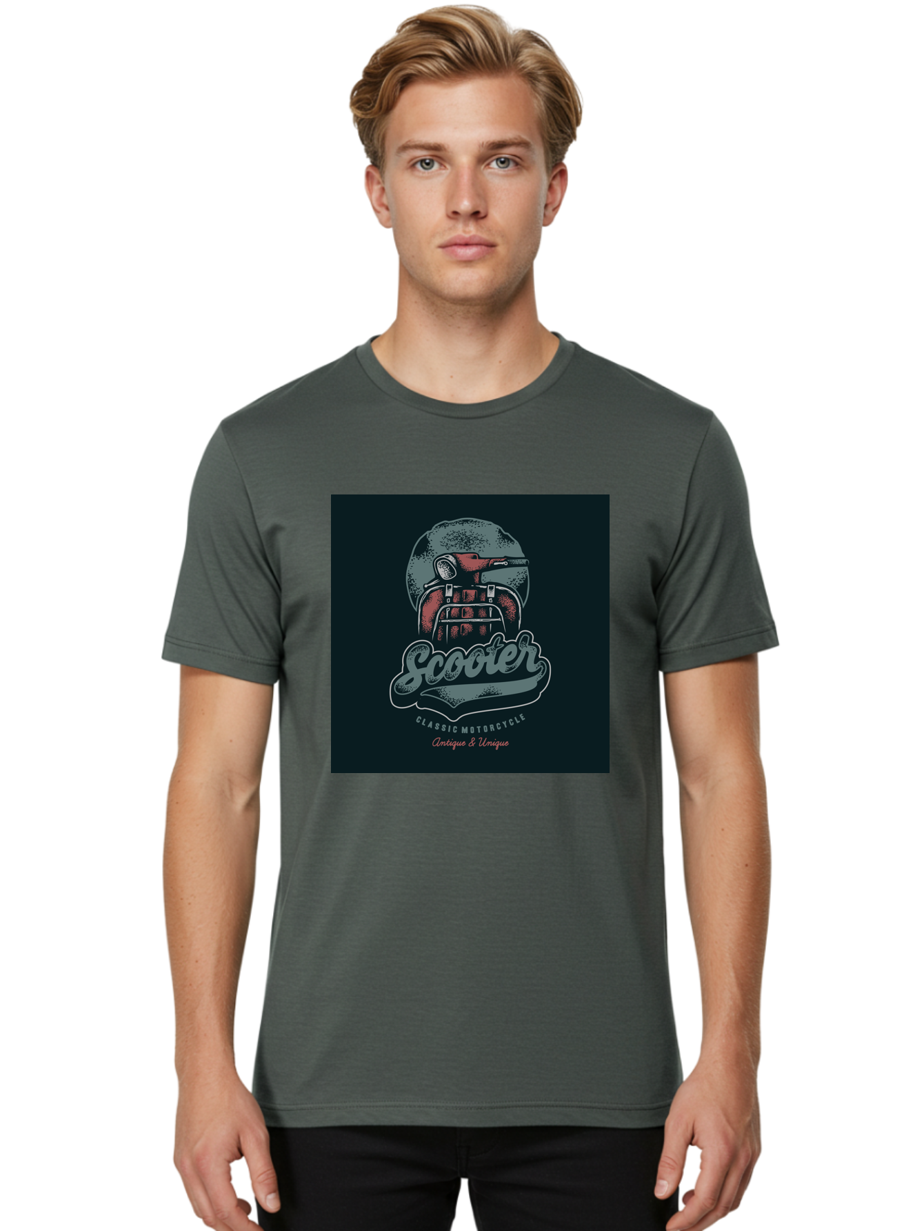 Scooter-Classic-Motorcycle Men'S Graphic Tee, 100% Cotton, Comfortable Casual Summer Wear, Machine Washable, Vintage Motorcycle Helmet, Classic Scooter Design, Antique Bike, Unique Motorcycle Art, Retro Scooter Style, Nostalgic Ride, Aab479