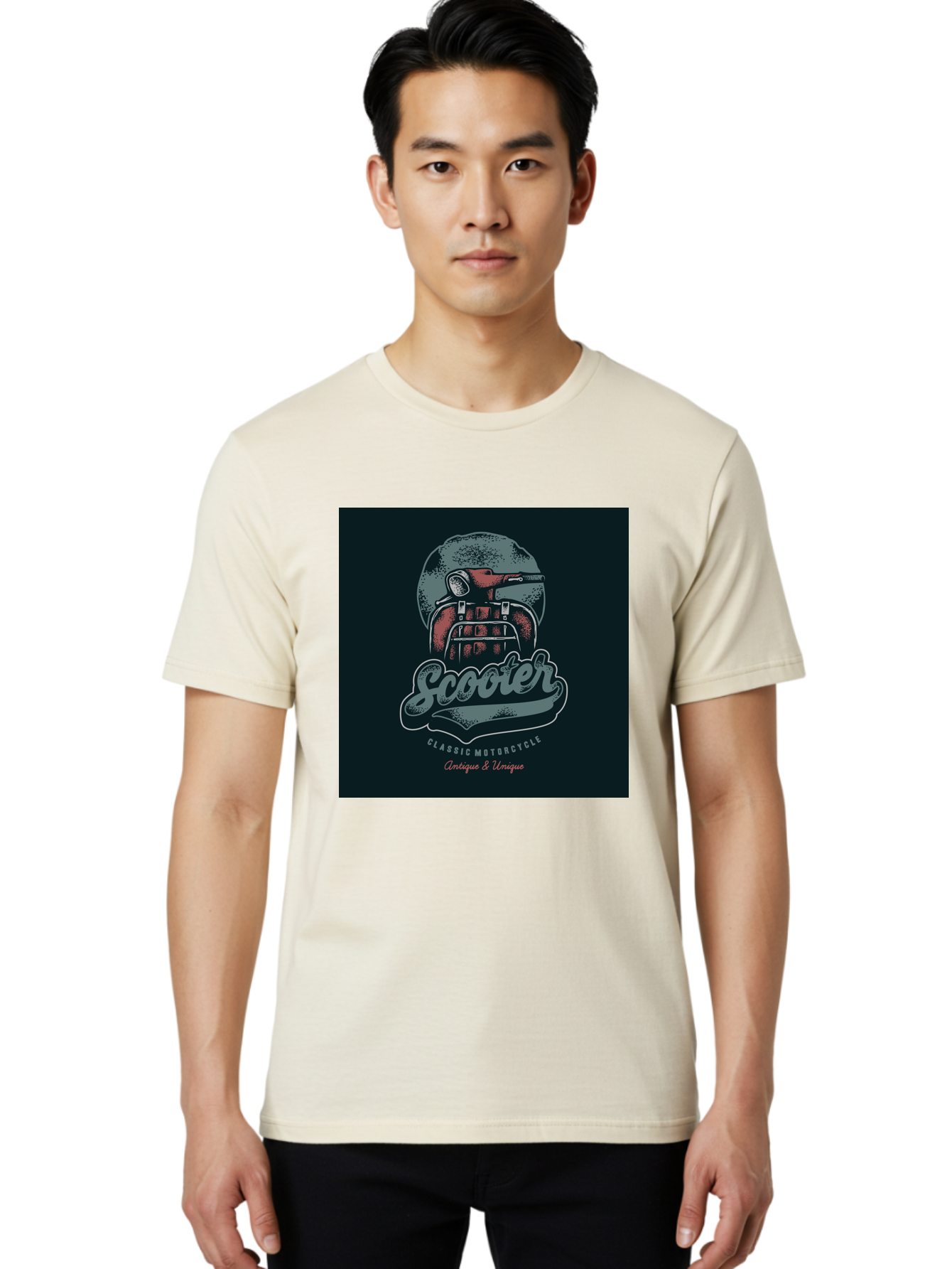 Scooter-Classic-Motorcycle Men'S Graphic Tee, 100% Cotton, Comfortable Casual Summer Wear, Machine Washable, Vintage Motorcycle Helmet, Classic Scooter Design, Antique Bike, Unique Motorcycle Art, Retro Scooter Style, Nostalgic Ride, Aab479