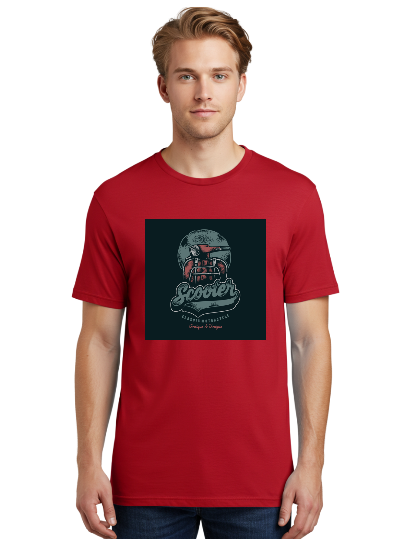 Scooter-Classic-Motorcycle Men'S Graphic Tee, 100% Cotton, Comfortable Casual Summer Wear, Machine Washable, Vintage Motorcycle Helmet, Classic Scooter Design, Antique Bike, Unique Motorcycle Art, Retro Scooter Style, Nostalgic Ride, Aab479