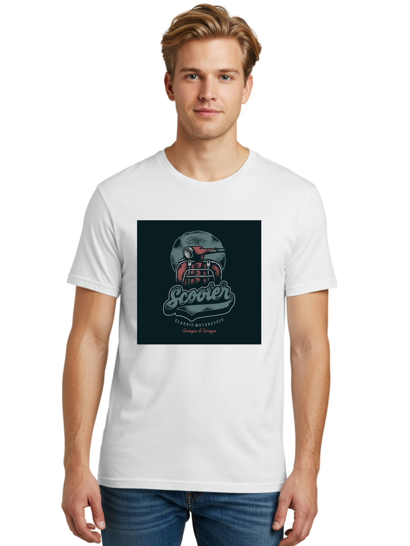 Scooter-Classic-Motorcycle Men'S Graphic Tee, 100% Cotton, Comfortable Casual Summer Wear, Machine Washable, Vintage Motorcycle Helmet, Classic Scooter Design, Antique Bike, Unique Motorcycle Art, Retro Scooter Style, Nostalgic Ride, Aab479