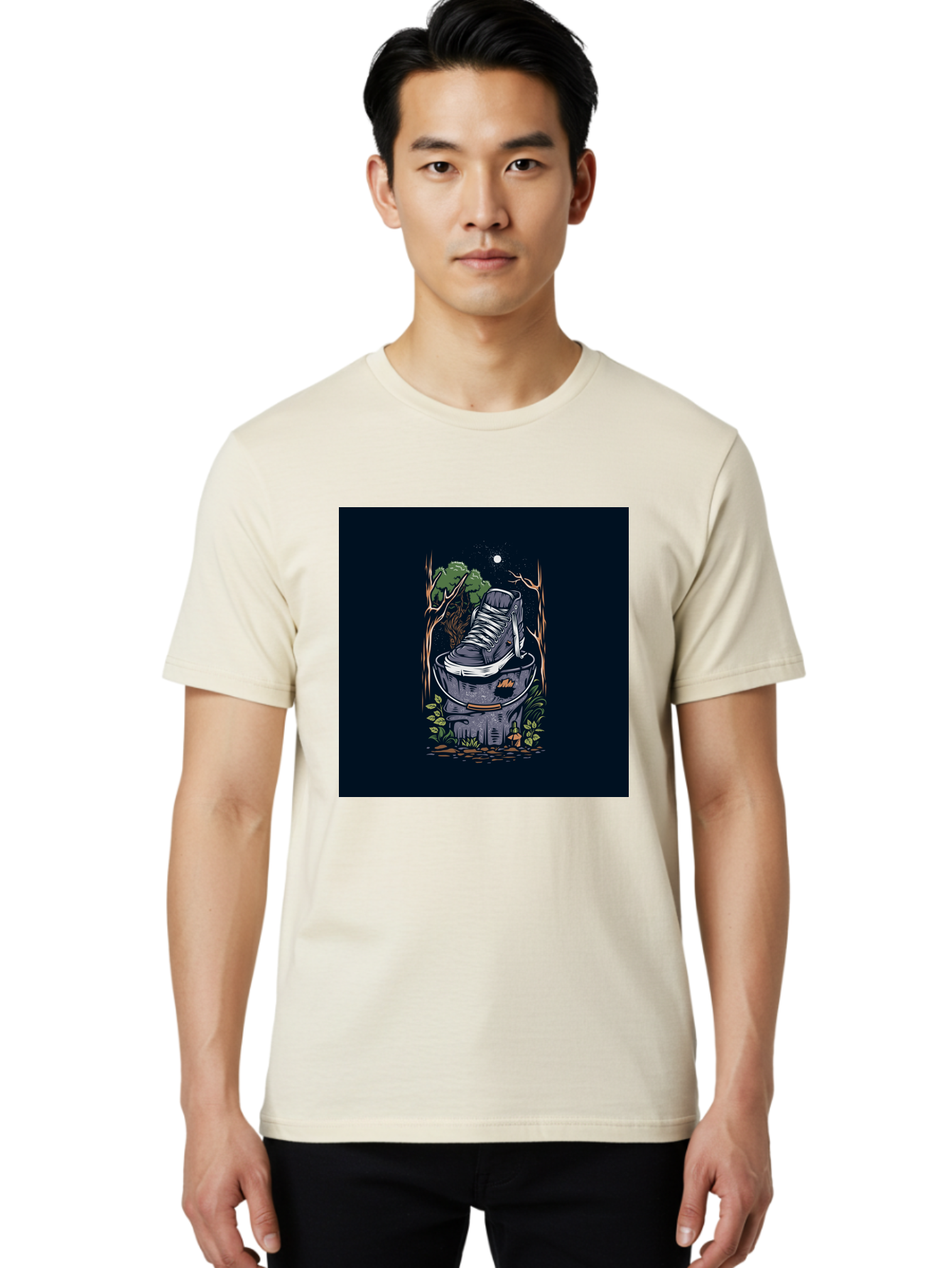 Shoe-Can Men'S Graphic Tee, 100% Cotton, Comfortable Casual Summer Wear, Machine Washable, Sneaker In Bucket, Streetwear Culture, Urban Jungle, Footwear, Bucket, Moonlight, Nighttime, Forest Scene, Vintage Art Aab480