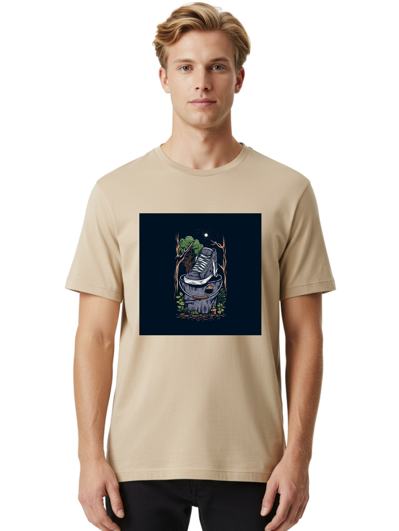 Shoe-Can Men'S Graphic Tee, 100% Cotton, Comfortable Casual Summer Wear, Machine Washable, Sneaker In Bucket, Streetwear Culture, Urban Jungle, Footwear, Bucket, Moonlight, Nighttime, Forest Scene, Vintage Art Aab480