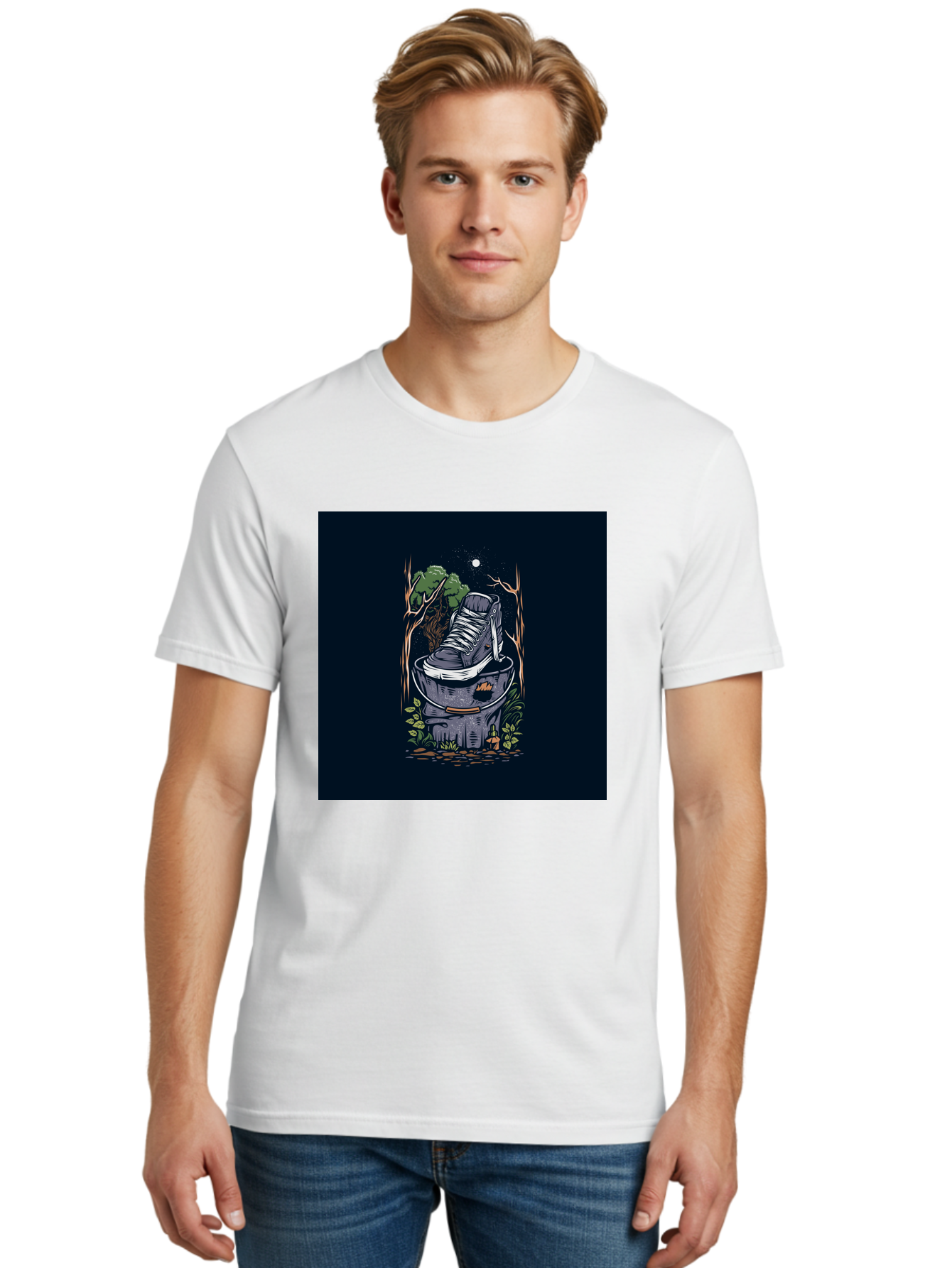 Shoe-Can Men'S Graphic Tee, 100% Cotton, Comfortable Casual Summer Wear, Machine Washable, Sneaker In Bucket, Streetwear Culture, Urban Jungle, Footwear, Bucket, Moonlight, Nighttime, Forest Scene, Vintage Art Aab480