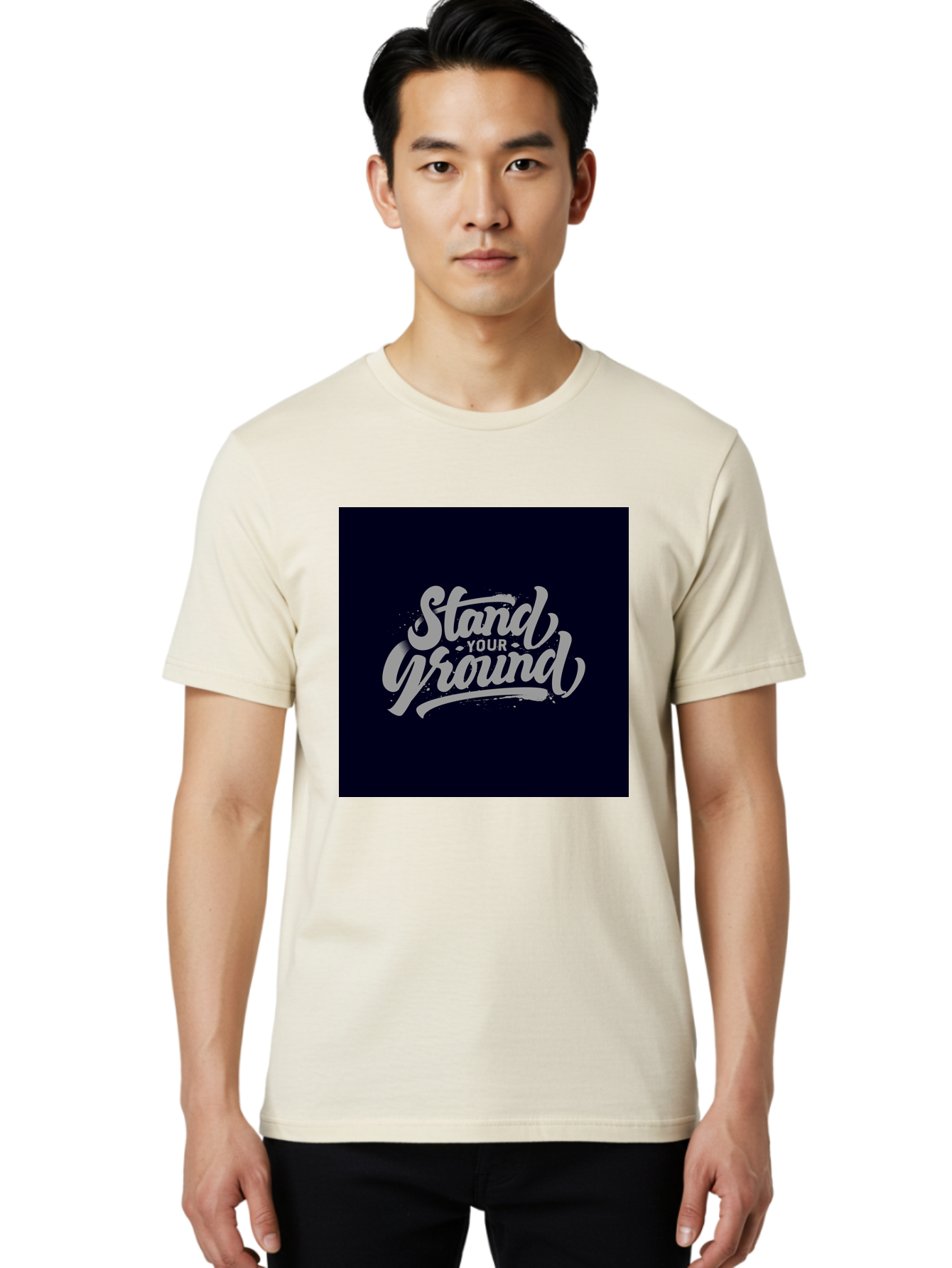 Stand-Your-Ground Men'S Graphic Tee, 100% Cotton, Comfortable Casual Summer Wear, Machine Washable, Motivational Quote, Inspirational Phrase, Stand Your Ground, Bold Typography, Gray Text, Dark Background, Empowerment, Confidence, Aab483