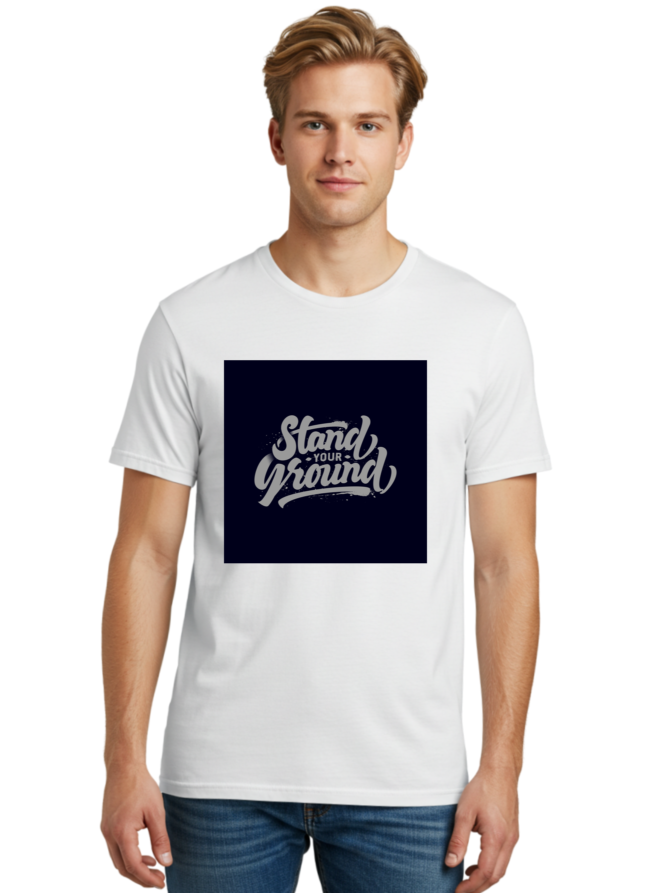 Stand-Your-Ground Men'S Graphic Tee, 100% Cotton, Comfortable Casual Summer Wear, Machine Washable, Motivational Quote, Inspirational Phrase, Stand Your Ground, Bold Typography, Gray Text, Dark Background, Empowerment, Confidence, Aab483