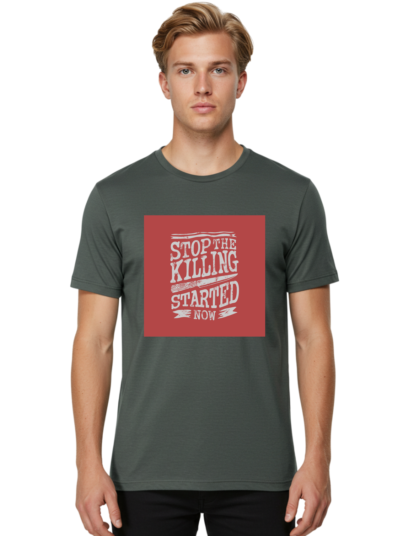 Stop-The-Killing-Started-Now Men'S Graphic Tee, 100% Cotton, Comfortable Casual Summer Wear, Machine Washable, Vegetarian Lifestyle, Animal Rights, Stop Killing, Vegan Movement, Cruelty Free, Bold Typography, Protest Art, Activist Message, Aab484