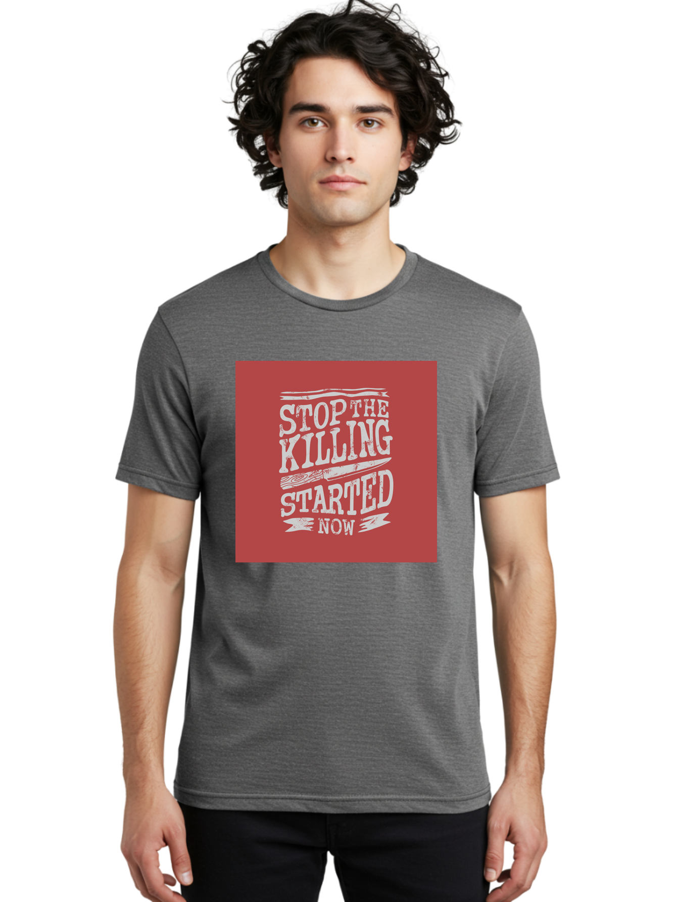 Stop-The-Killing-Started-Now Men'S Graphic Tee, 100% Cotton, Comfortable Casual Summer Wear, Machine Washable, Vegetarian Lifestyle, Animal Rights, Stop Killing, Vegan Movement, Cruelty Free, Bold Typography, Protest Art, Activist Message, Aab484