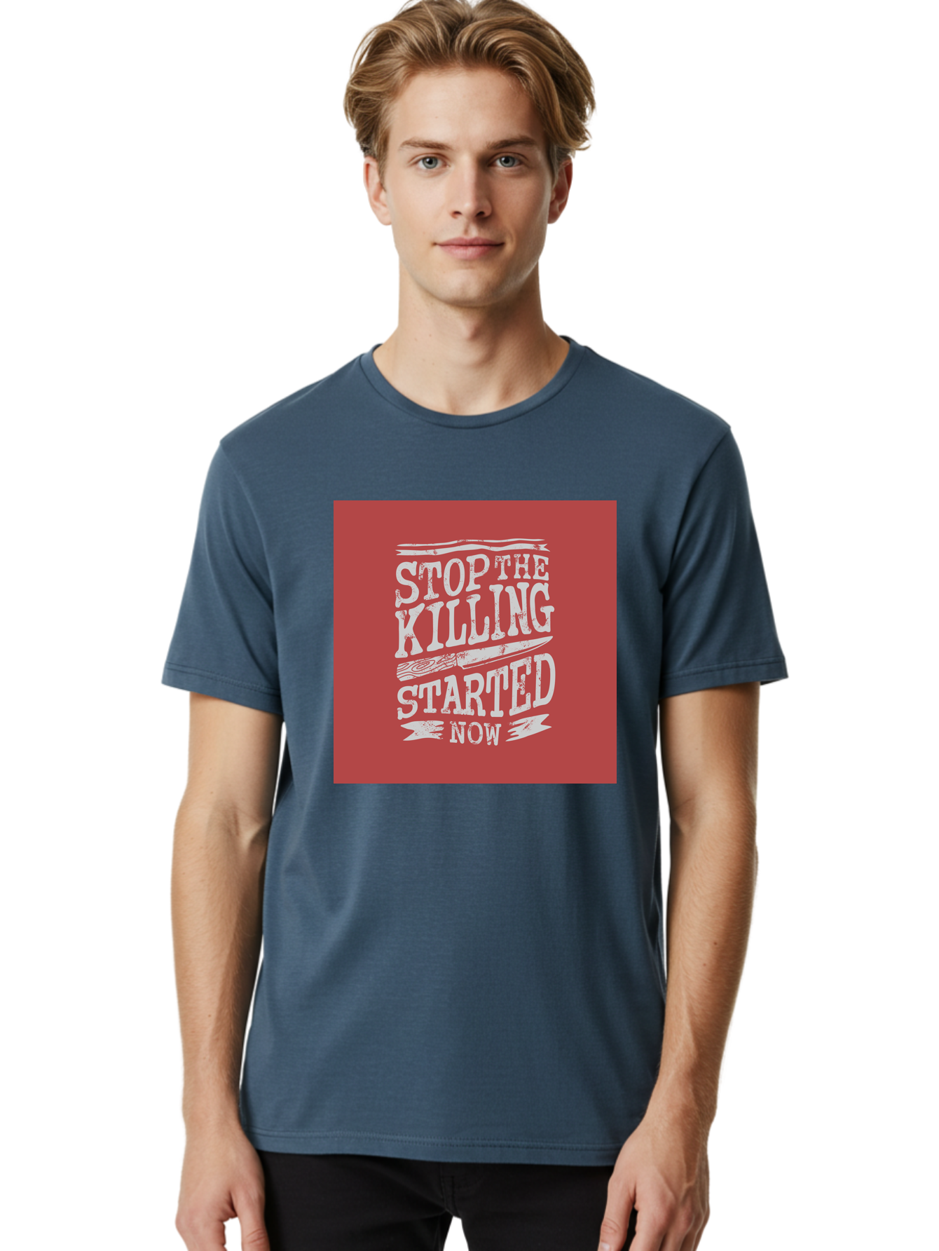 Stop-The-Killing-Started-Now Men'S Graphic Tee, 100% Cotton, Comfortable Casual Summer Wear, Machine Washable, Vegetarian Lifestyle, Animal Rights, Stop Killing, Vegan Movement, Cruelty Free, Bold Typography, Protest Art, Activist Message, Aab484
