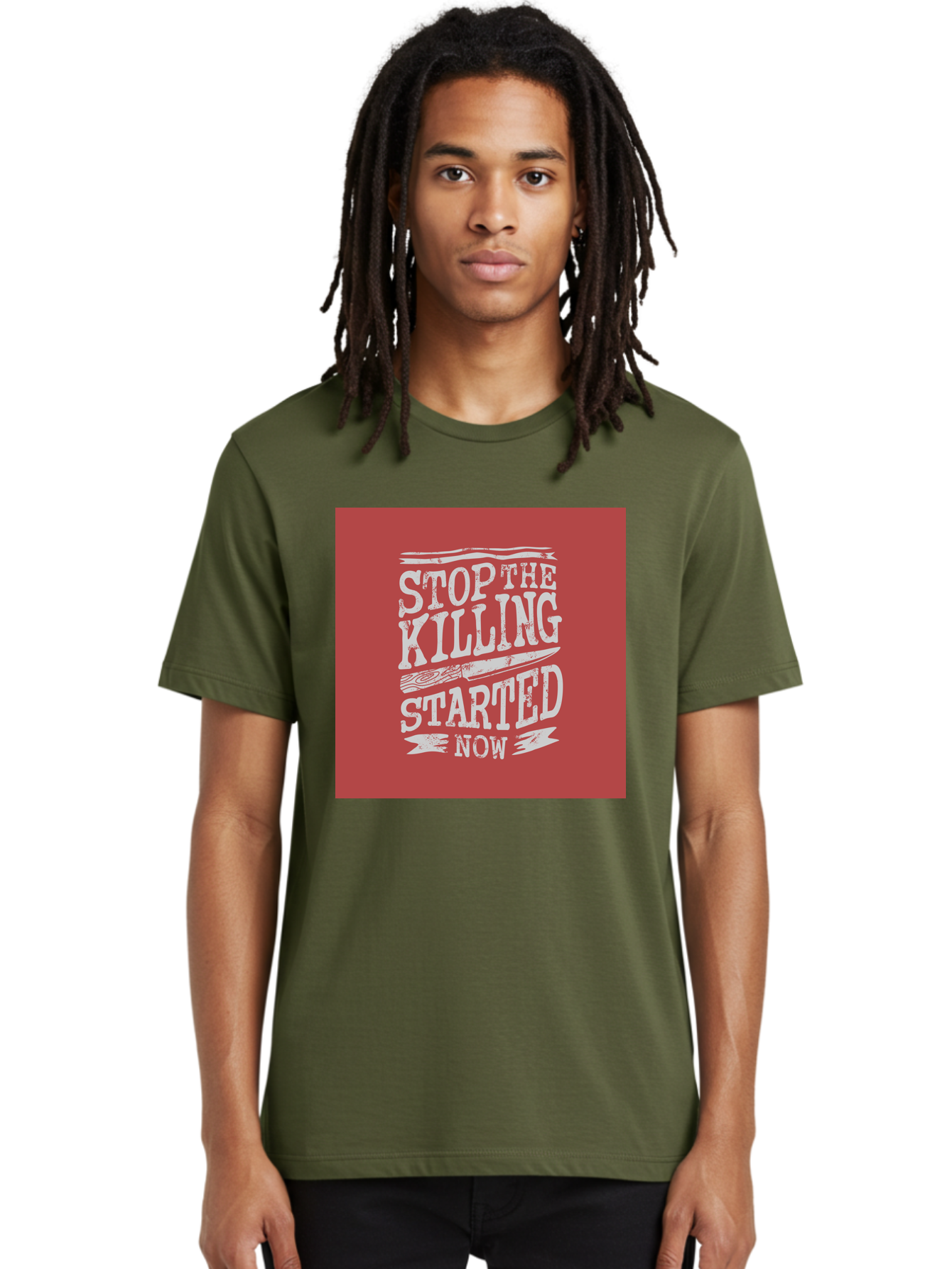 Stop-The-Killing-Started-Now Men'S Graphic Tee, 100% Cotton, Comfortable Casual Summer Wear, Machine Washable, Vegetarian Lifestyle, Animal Rights, Stop Killing, Vegan Movement, Cruelty Free, Bold Typography, Protest Art, Activist Message, Aab484