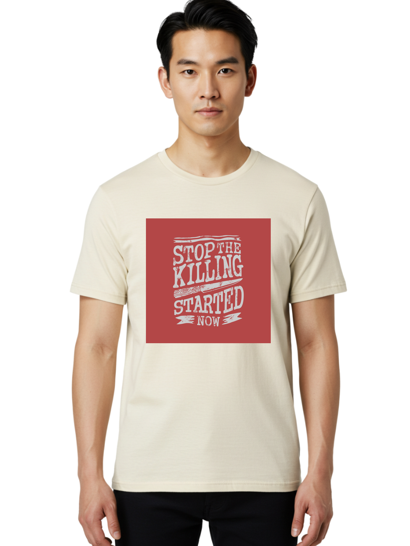 Stop-The-Killing-Started-Now Men'S Graphic Tee, 100% Cotton, Comfortable Casual Summer Wear, Machine Washable, Vegetarian Lifestyle, Animal Rights, Stop Killing, Vegan Movement, Cruelty Free, Bold Typography, Protest Art, Activist Message, Aab484