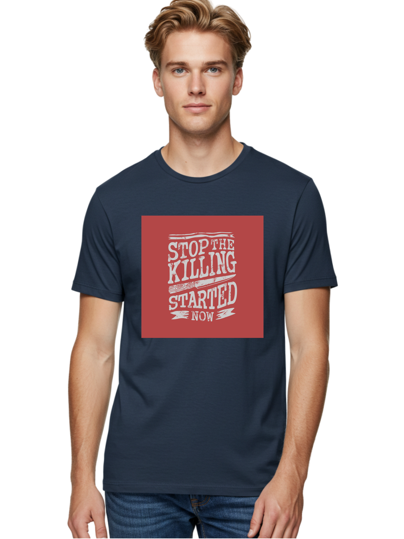 Stop-The-Killing-Started-Now Men'S Graphic Tee, 100% Cotton, Comfortable Casual Summer Wear, Machine Washable, Vegetarian Lifestyle, Animal Rights, Stop Killing, Vegan Movement, Cruelty Free, Bold Typography, Protest Art, Activist Message, Aab484