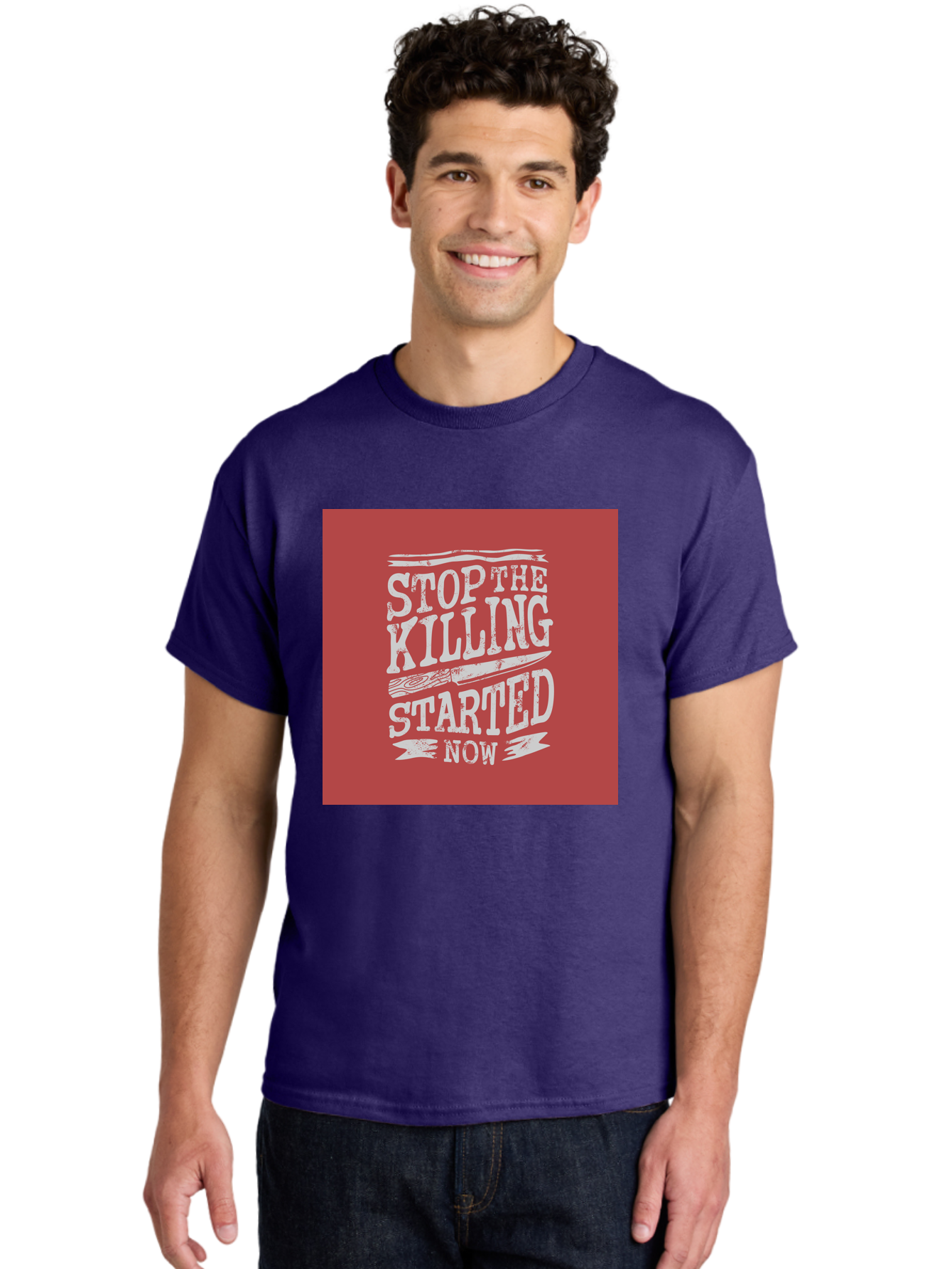 Stop-The-Killing-Started-Now Men'S Graphic Tee, 100% Cotton, Comfortable Casual Summer Wear, Machine Washable, Vegetarian Lifestyle, Animal Rights, Stop Killing, Vegan Movement, Cruelty Free, Bold Typography, Protest Art, Activist Message, Aab484