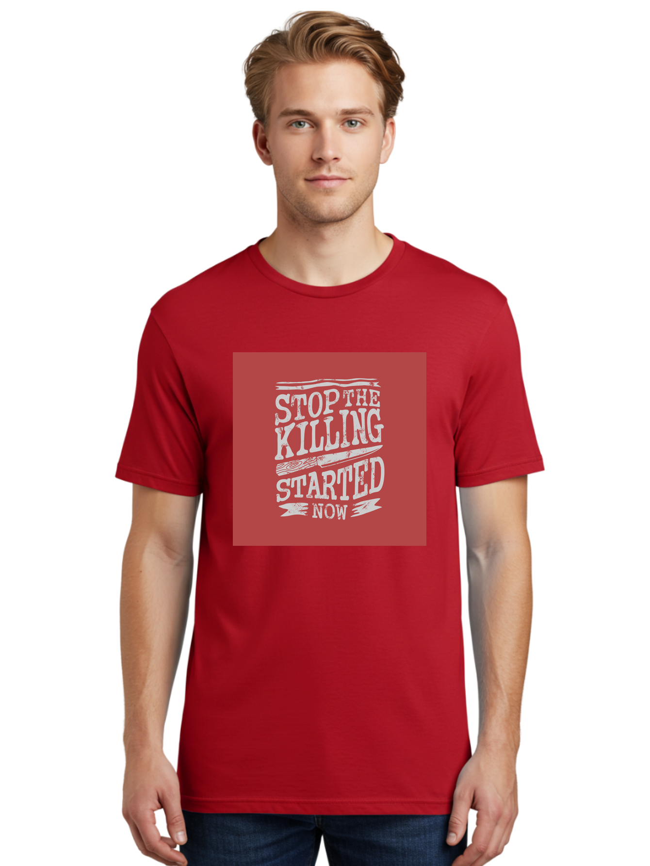 Stop-The-Killing-Started-Now Men'S Graphic Tee, 100% Cotton, Comfortable Casual Summer Wear, Machine Washable, Vegetarian Lifestyle, Animal Rights, Stop Killing, Vegan Movement, Cruelty Free, Bold Typography, Protest Art, Activist Message, Aab484