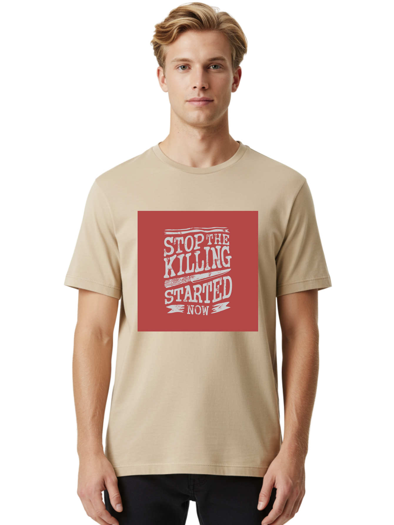 Stop-The-Killing-Started-Now Men'S Graphic Tee, 100% Cotton, Comfortable Casual Summer Wear, Machine Washable, Vegetarian Lifestyle, Animal Rights, Stop Killing, Vegan Movement, Cruelty Free, Bold Typography, Protest Art, Activist Message, Aab484