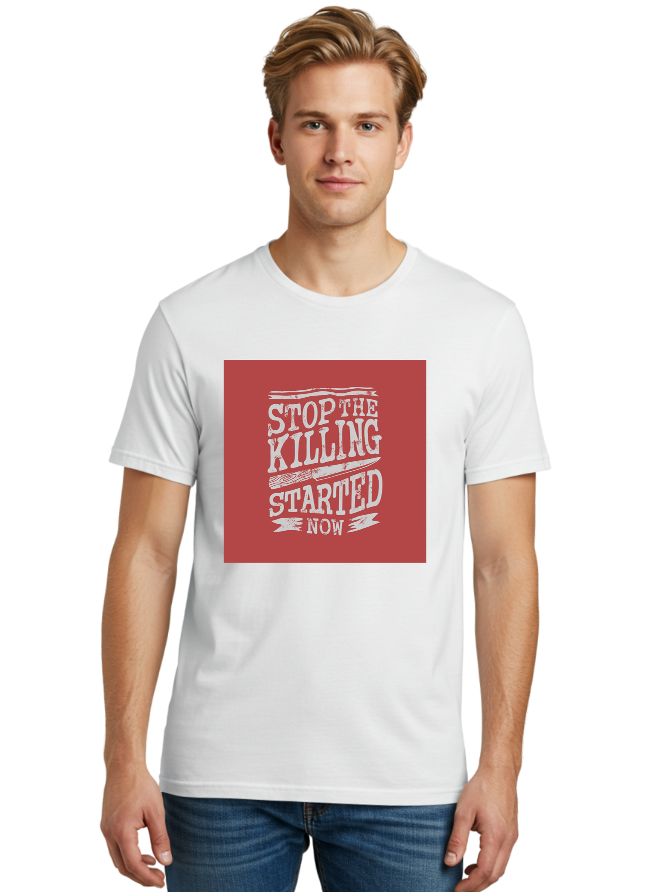 Stop-The-Killing-Started-Now Men'S Graphic Tee, 100% Cotton, Comfortable Casual Summer Wear, Machine Washable, Vegetarian Lifestyle, Animal Rights, Stop Killing, Vegan Movement, Cruelty Free, Bold Typography, Protest Art, Activist Message, Aab484