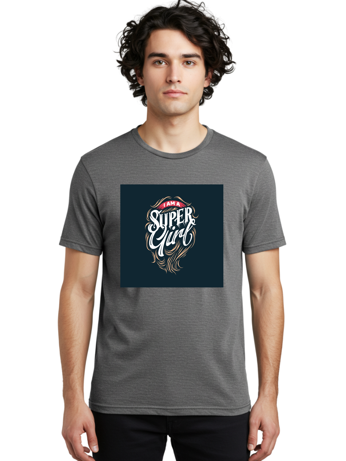Super-Girl Men'S Graphic Tee, 100% Cotton, Comfortable Casual Summer Wear, Machine Washable, Female Empowerment, Inspirational Quote, Girl Power, Motivational Phrase, Flowing Hair, Elegant Script, Confident Attitude, Strong Women, Aab485