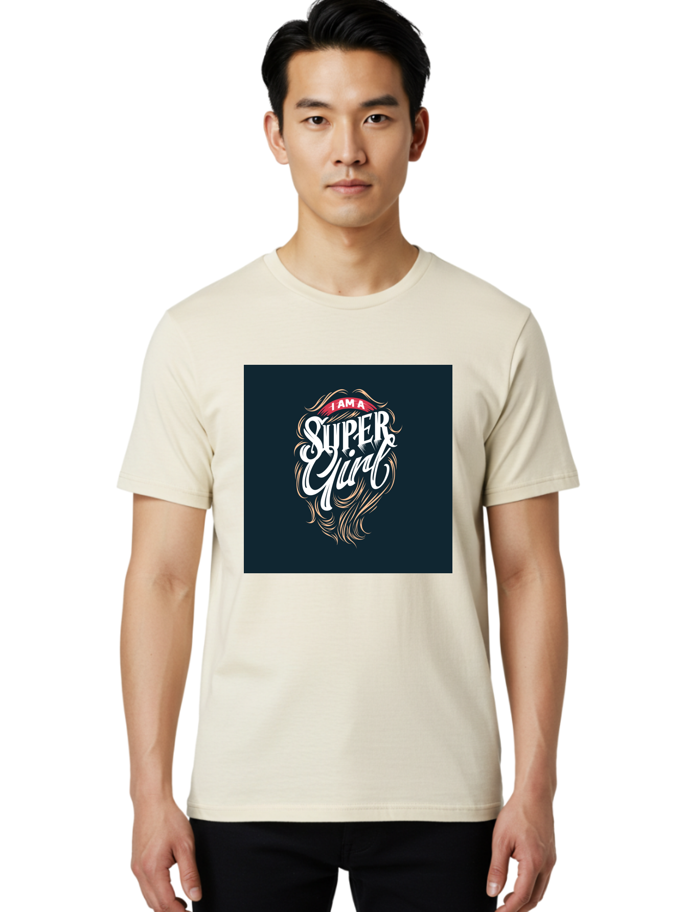 Super-Girl Men'S Graphic Tee, 100% Cotton, Comfortable Casual Summer Wear, Machine Washable, Female Empowerment, Inspirational Quote, Girl Power, Motivational Phrase, Flowing Hair, Elegant Script, Confident Attitude, Strong Women, Aab485