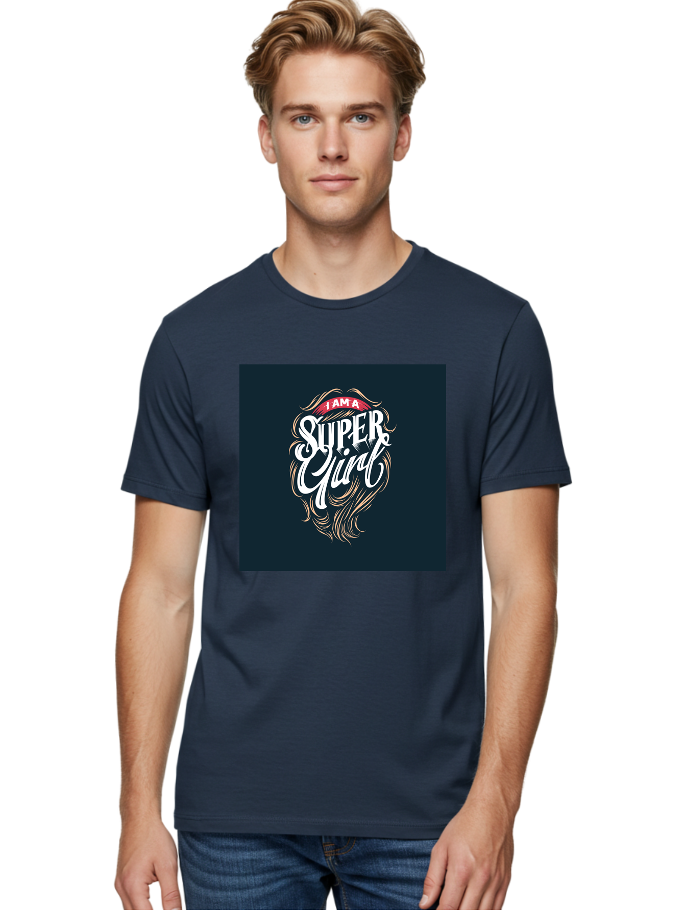 Super-Girl Men'S Graphic Tee, 100% Cotton, Comfortable Casual Summer Wear, Machine Washable, Female Empowerment, Inspirational Quote, Girl Power, Motivational Phrase, Flowing Hair, Elegant Script, Confident Attitude, Strong Women, Aab485