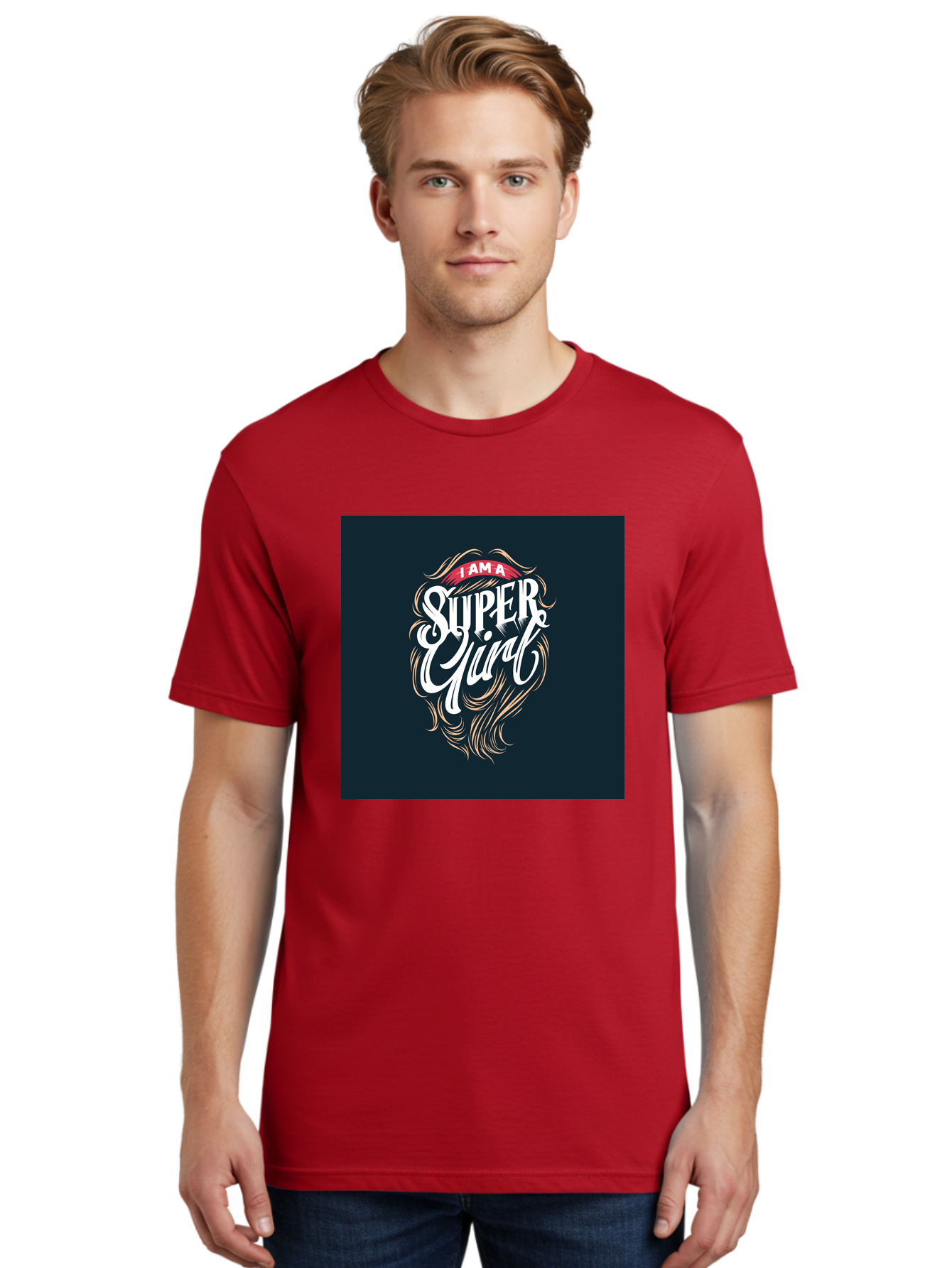 Super-Girl Men'S Graphic Tee, 100% Cotton, Comfortable Casual Summer Wear, Machine Washable, Female Empowerment, Inspirational Quote, Girl Power, Motivational Phrase, Flowing Hair, Elegant Script, Confident Attitude, Strong Women, Aab485
