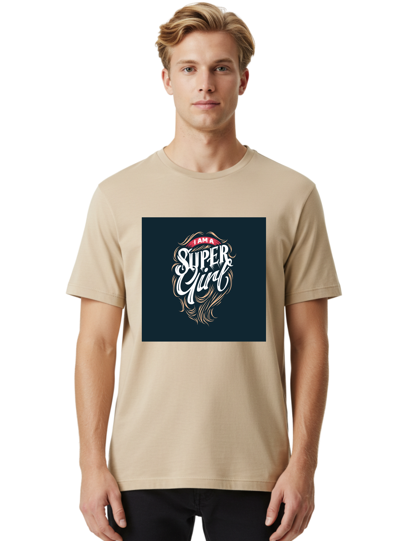 Super-Girl Men'S Graphic Tee, 100% Cotton, Comfortable Casual Summer Wear, Machine Washable, Female Empowerment, Inspirational Quote, Girl Power, Motivational Phrase, Flowing Hair, Elegant Script, Confident Attitude, Strong Women, Aab485