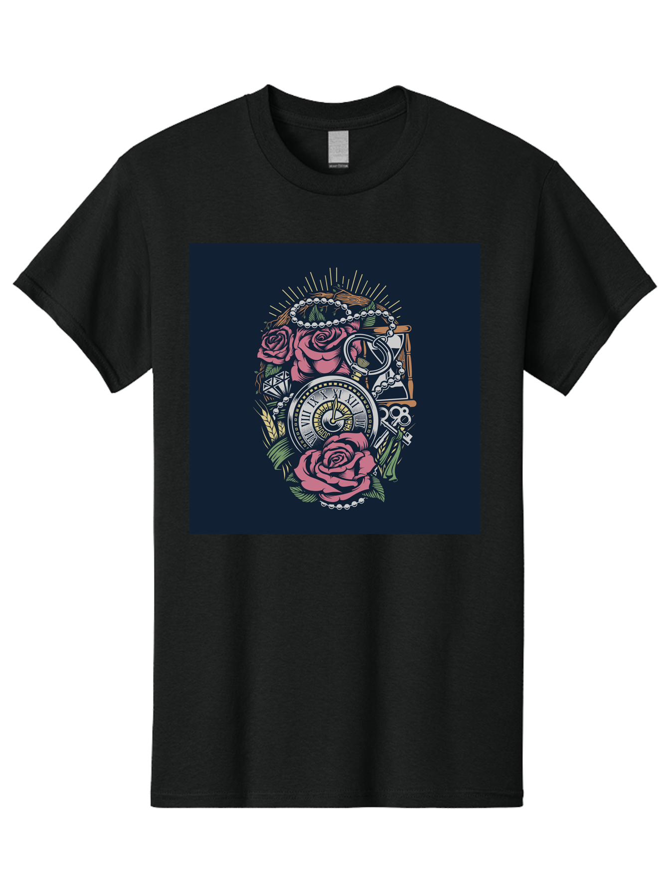 Tattoo-Roses-With-Pocket-Watch-Keys Men'S Graphic Tee, 100% Cotton, Comfortable Casual Summer Wear, Machine Washable, Pocket Watch, Roses, Floral Design, Vintage Clock, Jewelry, Keys, Tattoo Art, Intricate Details, Classic Style, Aab486