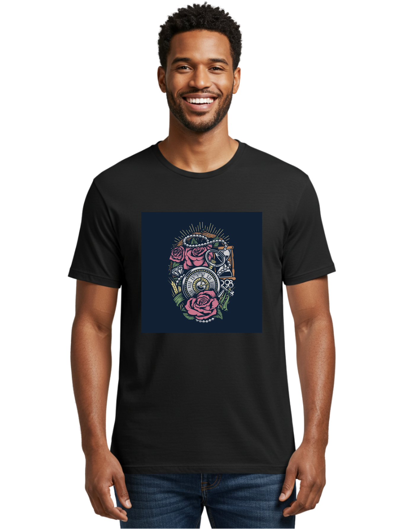 Tattoo-Roses-With-Pocket-Watch-Keys Men'S Graphic Tee, 100% Cotton, Comfortable Casual Summer Wear, Machine Washable, Pocket Watch, Roses, Floral Design, Vintage Clock, Jewelry, Keys, Tattoo Art, Intricate Details, Classic Style, Aab486