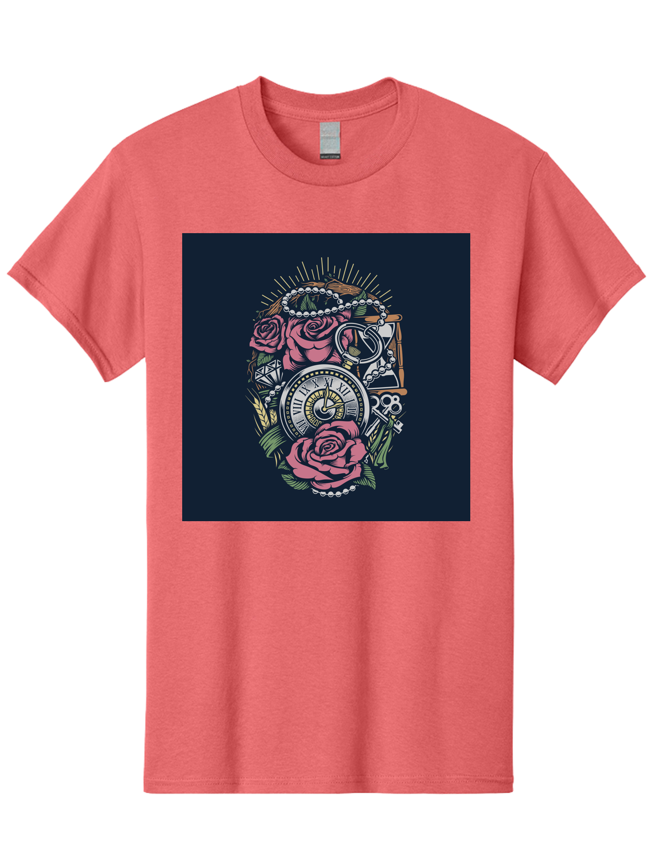 Tattoo-Roses-With-Pocket-Watch-Keys Men'S Graphic Tee, 100% Cotton, Comfortable Casual Summer Wear, Machine Washable, Pocket Watch, Roses, Floral Design, Vintage Clock, Jewelry, Keys, Tattoo Art, Intricate Details, Classic Style, Aab486