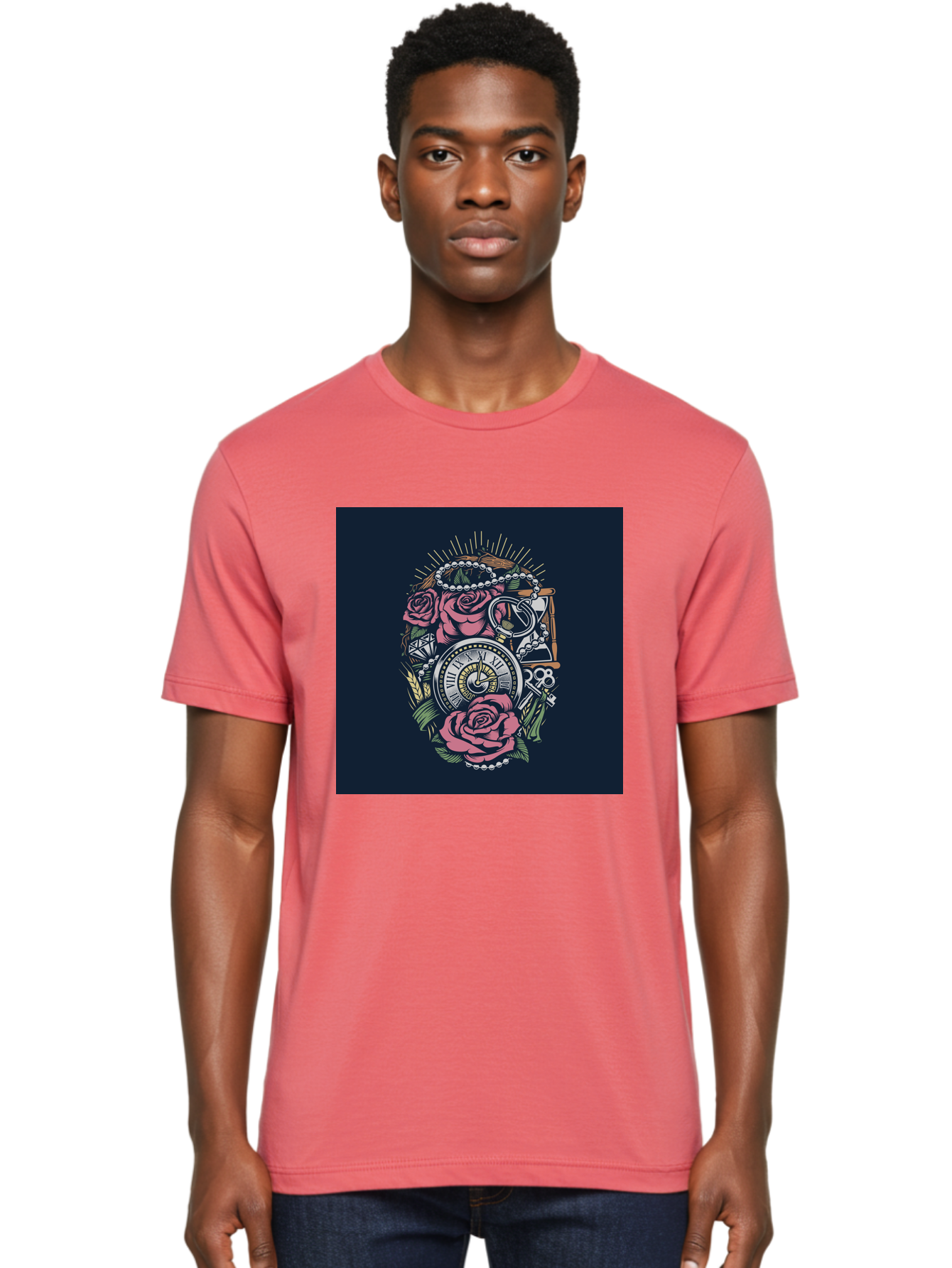 Tattoo-Roses-With-Pocket-Watch-Keys Men'S Graphic Tee, 100% Cotton, Comfortable Casual Summer Wear, Machine Washable, Pocket Watch, Roses, Floral Design, Vintage Clock, Jewelry, Keys, Tattoo Art, Intricate Details, Classic Style, Aab486