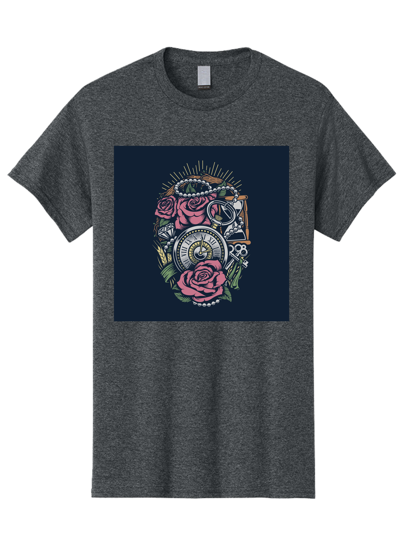 Tattoo-Roses-With-Pocket-Watch-Keys Men'S Graphic Tee, 100% Cotton, Comfortable Casual Summer Wear, Machine Washable, Pocket Watch, Roses, Floral Design, Vintage Clock, Jewelry, Keys, Tattoo Art, Intricate Details, Classic Style, Aab486