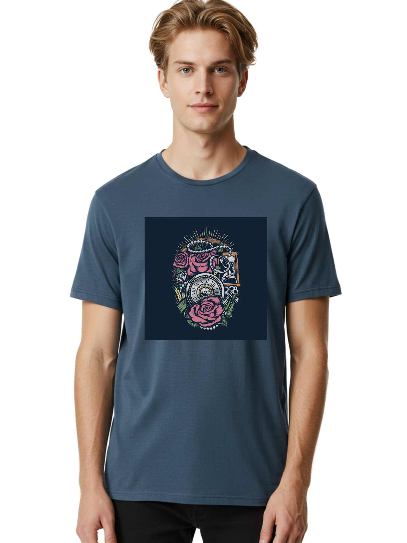 Tattoo-Roses-With-Pocket-Watch-Keys Men'S Graphic Tee, 100% Cotton, Comfortable Casual Summer Wear, Machine Washable, Pocket Watch, Roses, Floral Design, Vintage Clock, Jewelry, Keys, Tattoo Art, Intricate Details, Classic Style, Aab486