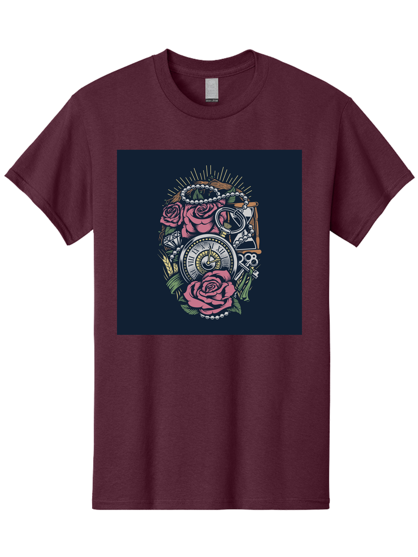 Tattoo-Roses-With-Pocket-Watch-Keys Men'S Graphic Tee, 100% Cotton, Comfortable Casual Summer Wear, Machine Washable, Pocket Watch, Roses, Floral Design, Vintage Clock, Jewelry, Keys, Tattoo Art, Intricate Details, Classic Style, Aab486