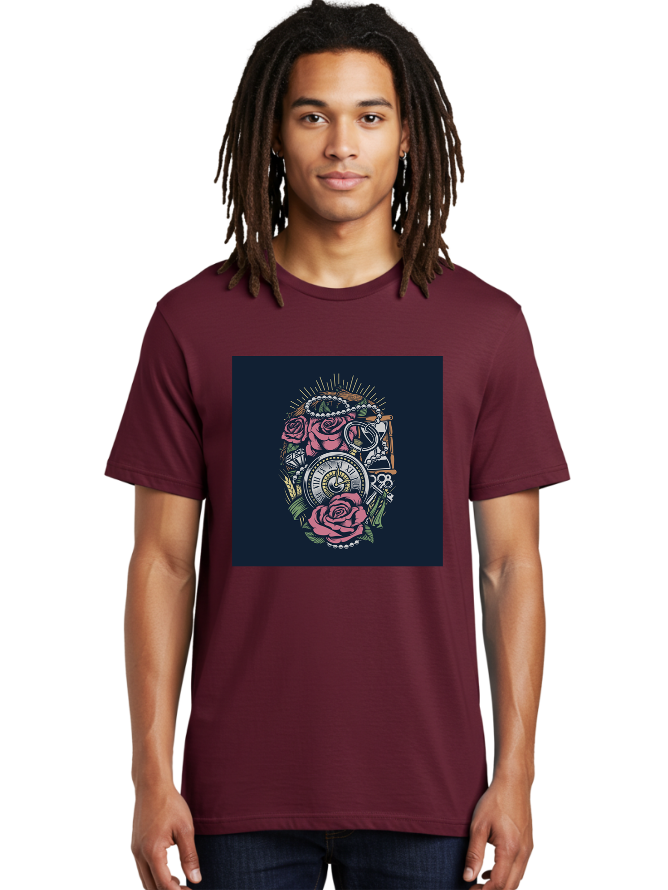 Tattoo-Roses-With-Pocket-Watch-Keys Men'S Graphic Tee, 100% Cotton, Comfortable Casual Summer Wear, Machine Washable, Pocket Watch, Roses, Floral Design, Vintage Clock, Jewelry, Keys, Tattoo Art, Intricate Details, Classic Style, Aab486
