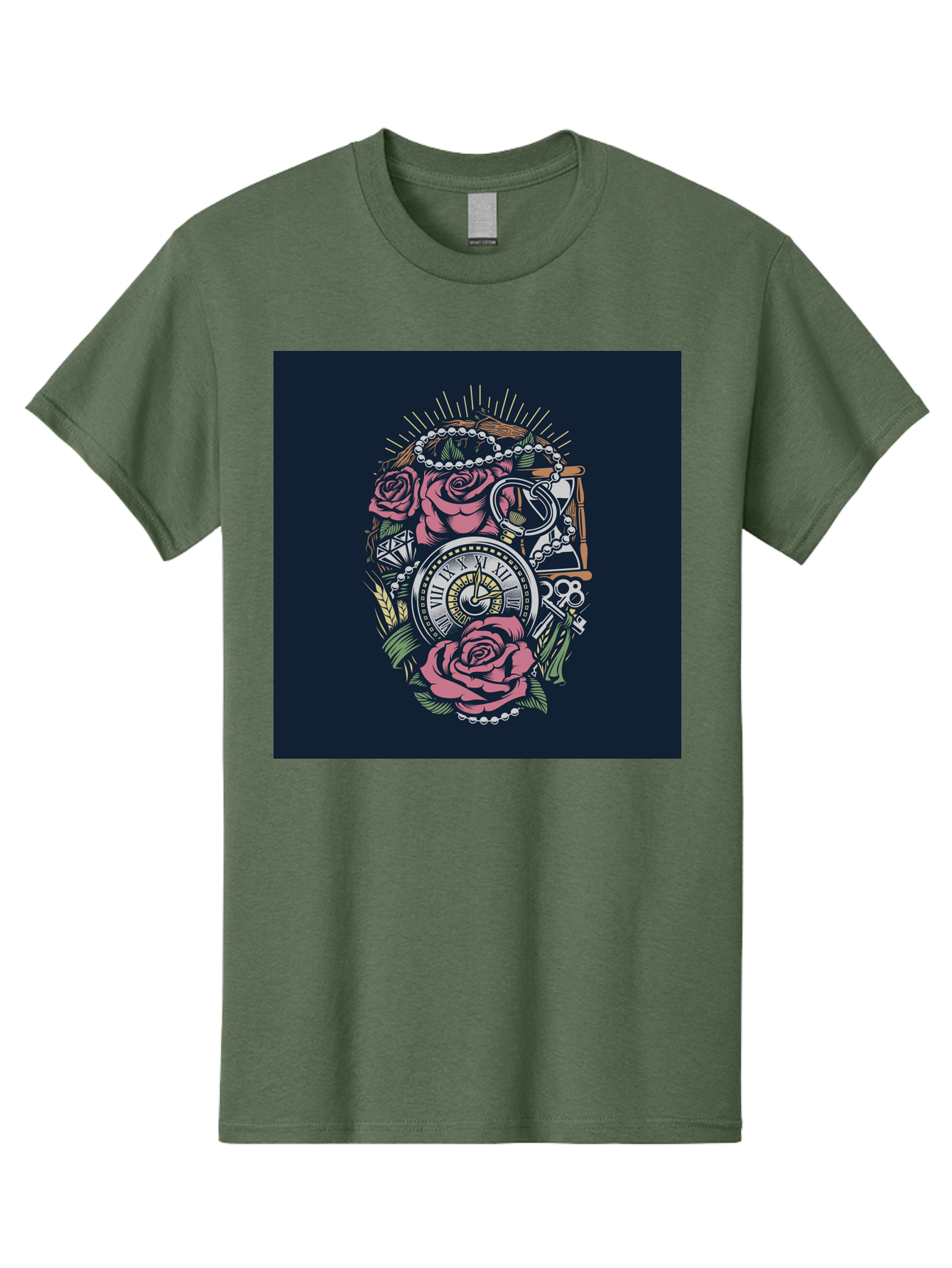 Tattoo-Roses-With-Pocket-Watch-Keys Men'S Graphic Tee, 100% Cotton, Comfortable Casual Summer Wear, Machine Washable, Pocket Watch, Roses, Floral Design, Vintage Clock, Jewelry, Keys, Tattoo Art, Intricate Details, Classic Style, Aab486