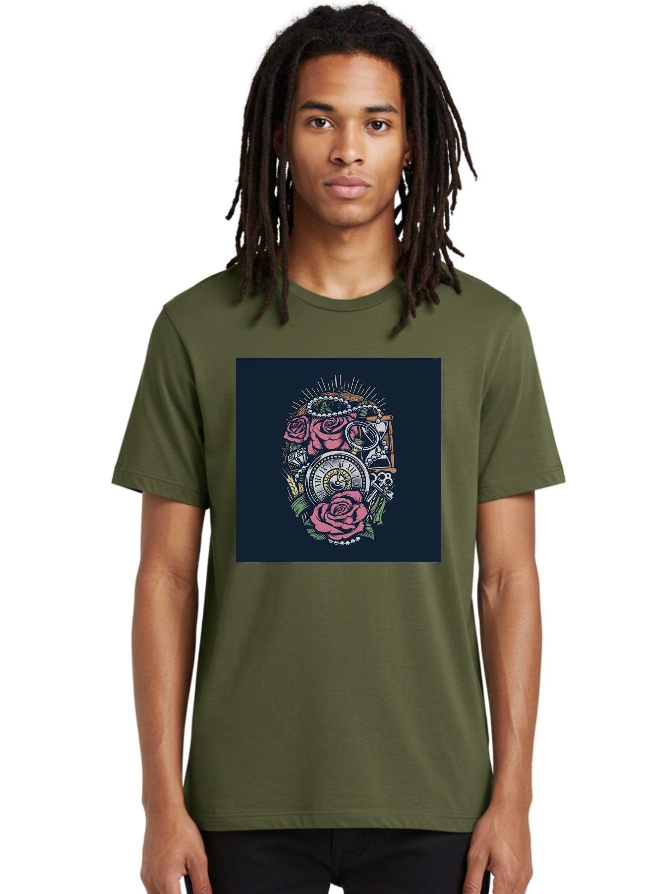 Tattoo-Roses-With-Pocket-Watch-Keys Men'S Graphic Tee, 100% Cotton, Comfortable Casual Summer Wear, Machine Washable, Pocket Watch, Roses, Floral Design, Vintage Clock, Jewelry, Keys, Tattoo Art, Intricate Details, Classic Style, Aab486