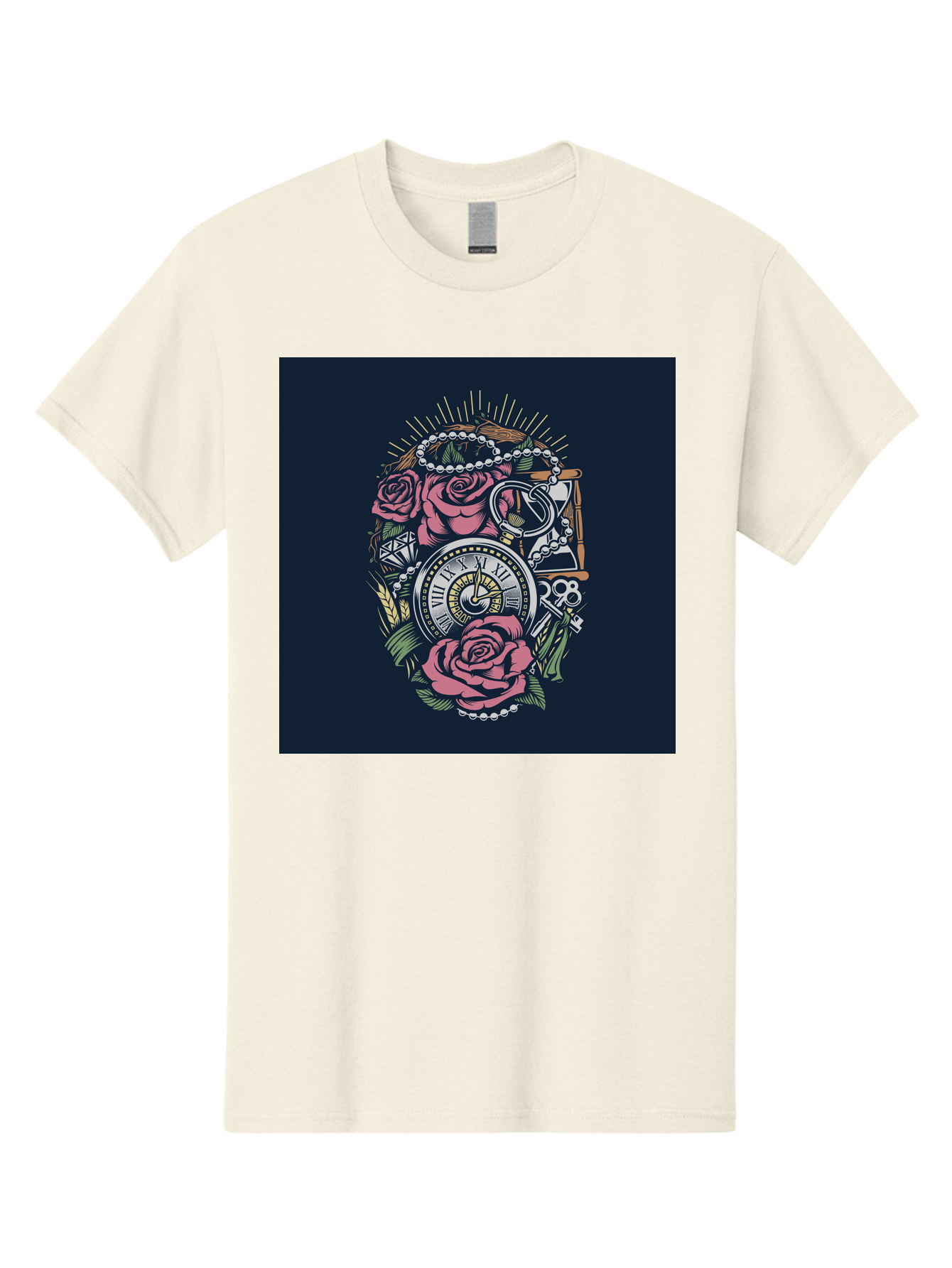 Tattoo-Roses-With-Pocket-Watch-Keys Men'S Graphic Tee, 100% Cotton, Comfortable Casual Summer Wear, Machine Washable, Pocket Watch, Roses, Floral Design, Vintage Clock, Jewelry, Keys, Tattoo Art, Intricate Details, Classic Style, Aab486