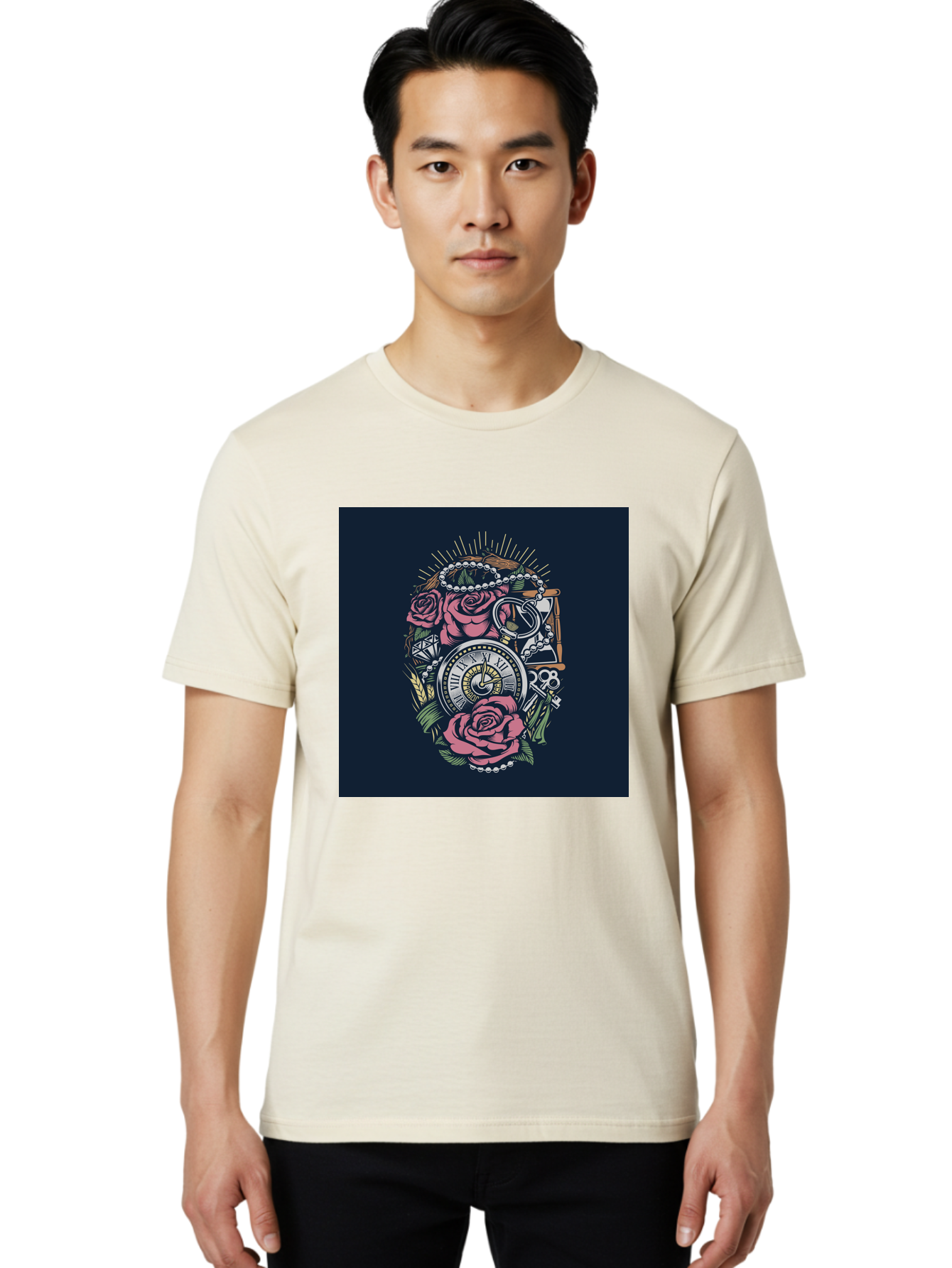 Tattoo-Roses-With-Pocket-Watch-Keys Men'S Graphic Tee, 100% Cotton, Comfortable Casual Summer Wear, Machine Washable, Pocket Watch, Roses, Floral Design, Vintage Clock, Jewelry, Keys, Tattoo Art, Intricate Details, Classic Style, Aab486
