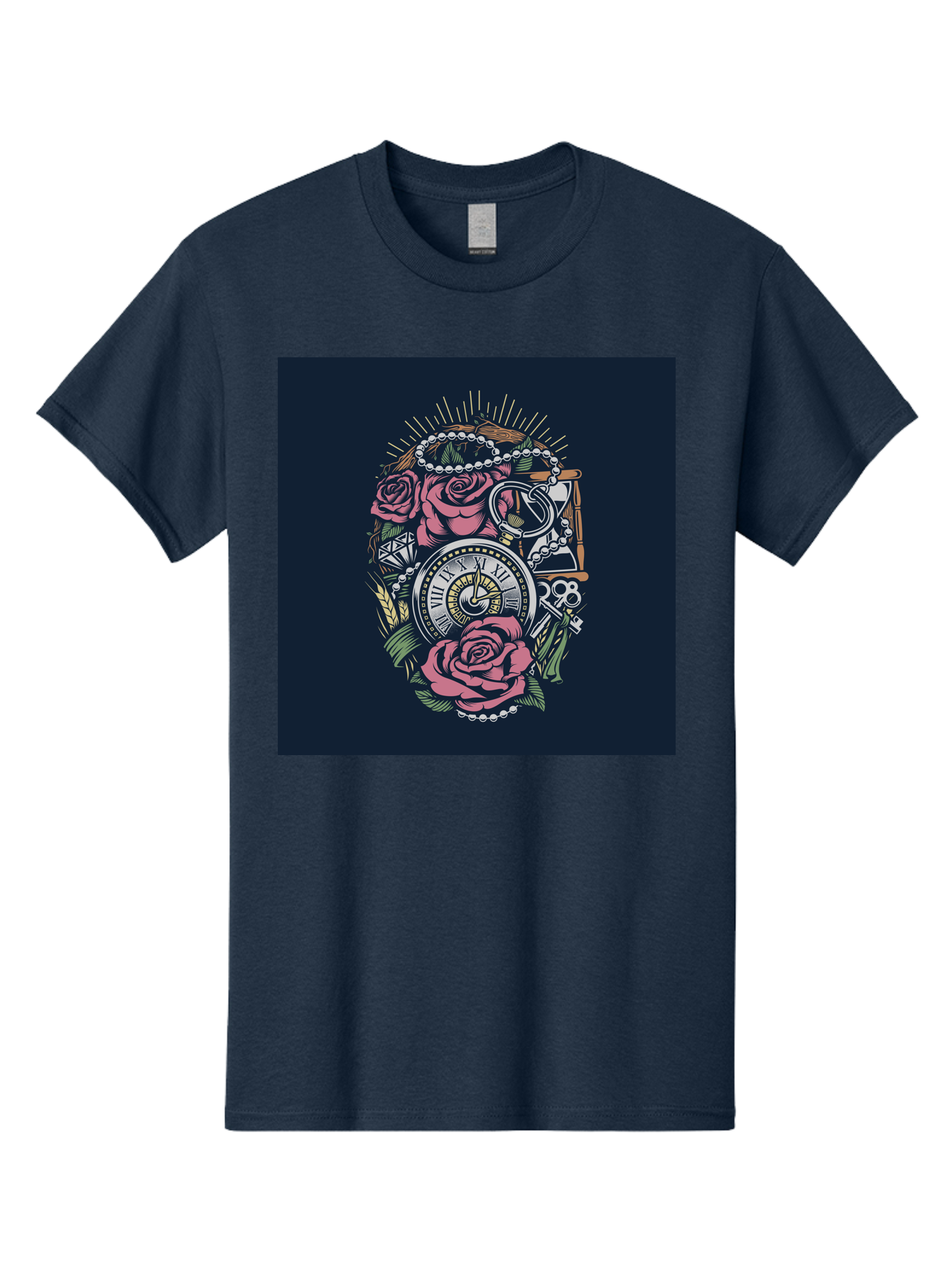 Tattoo-Roses-With-Pocket-Watch-Keys Men'S Graphic Tee, 100% Cotton, Comfortable Casual Summer Wear, Machine Washable, Pocket Watch, Roses, Floral Design, Vintage Clock, Jewelry, Keys, Tattoo Art, Intricate Details, Classic Style, Aab486