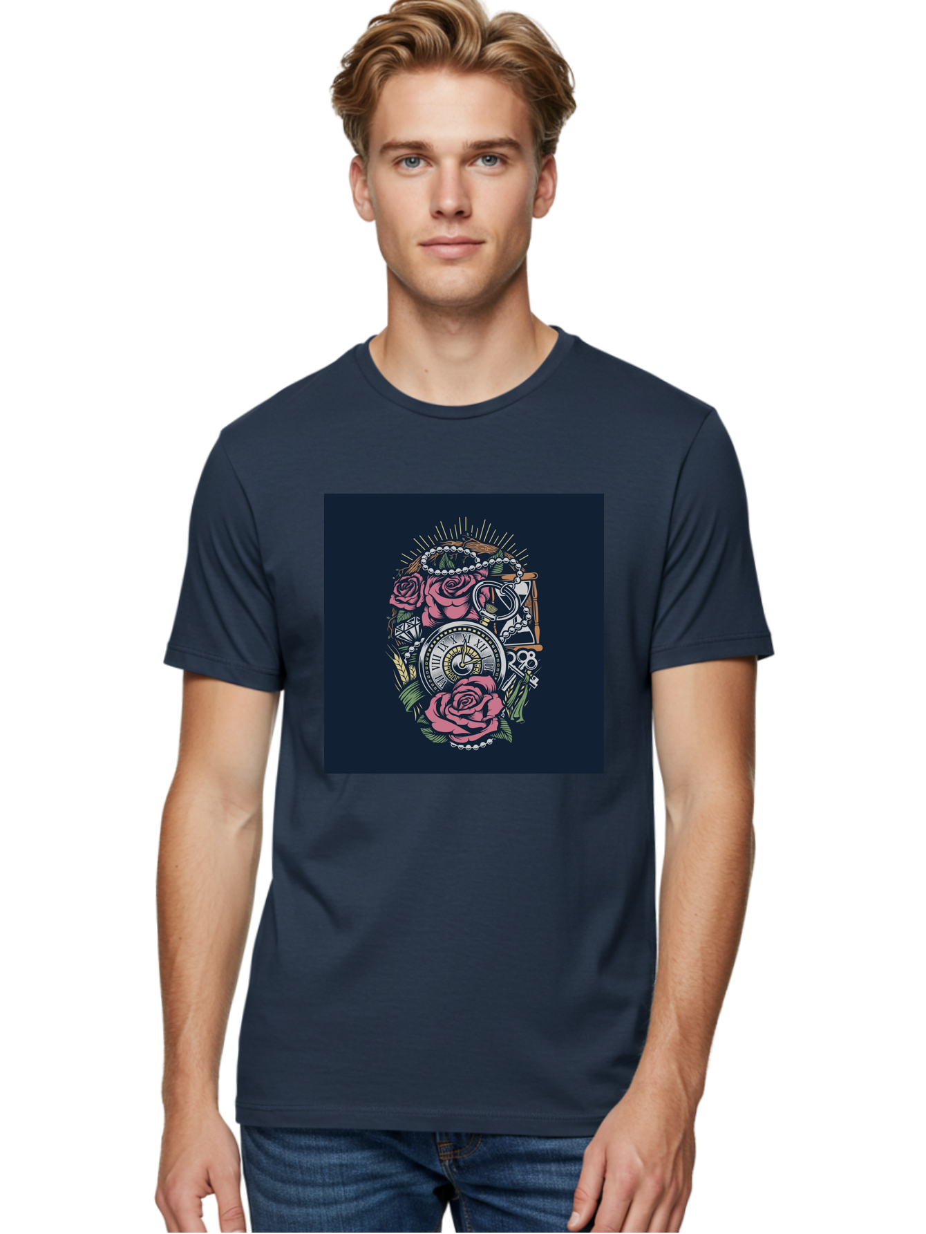 Tattoo-Roses-With-Pocket-Watch-Keys Men'S Graphic Tee, 100% Cotton, Comfortable Casual Summer Wear, Machine Washable, Pocket Watch, Roses, Floral Design, Vintage Clock, Jewelry, Keys, Tattoo Art, Intricate Details, Classic Style, Aab486