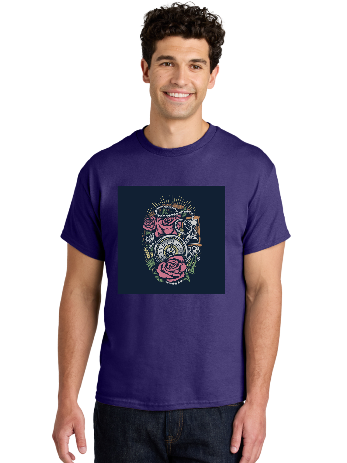 Tattoo-Roses-With-Pocket-Watch-Keys Men'S Graphic Tee, 100% Cotton, Comfortable Casual Summer Wear, Machine Washable, Pocket Watch, Roses, Floral Design, Vintage Clock, Jewelry, Keys, Tattoo Art, Intricate Details, Classic Style, Aab486