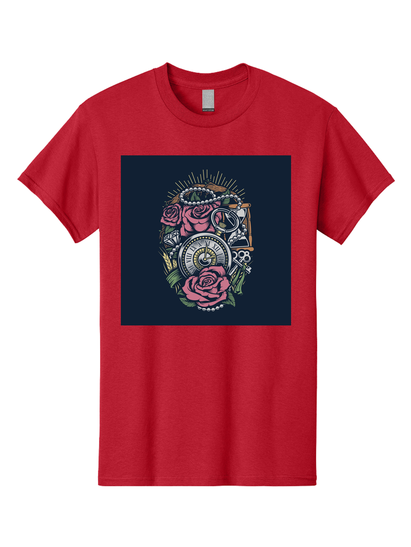 Tattoo-Roses-With-Pocket-Watch-Keys Men'S Graphic Tee, 100% Cotton, Comfortable Casual Summer Wear, Machine Washable, Pocket Watch, Roses, Floral Design, Vintage Clock, Jewelry, Keys, Tattoo Art, Intricate Details, Classic Style, Aab486