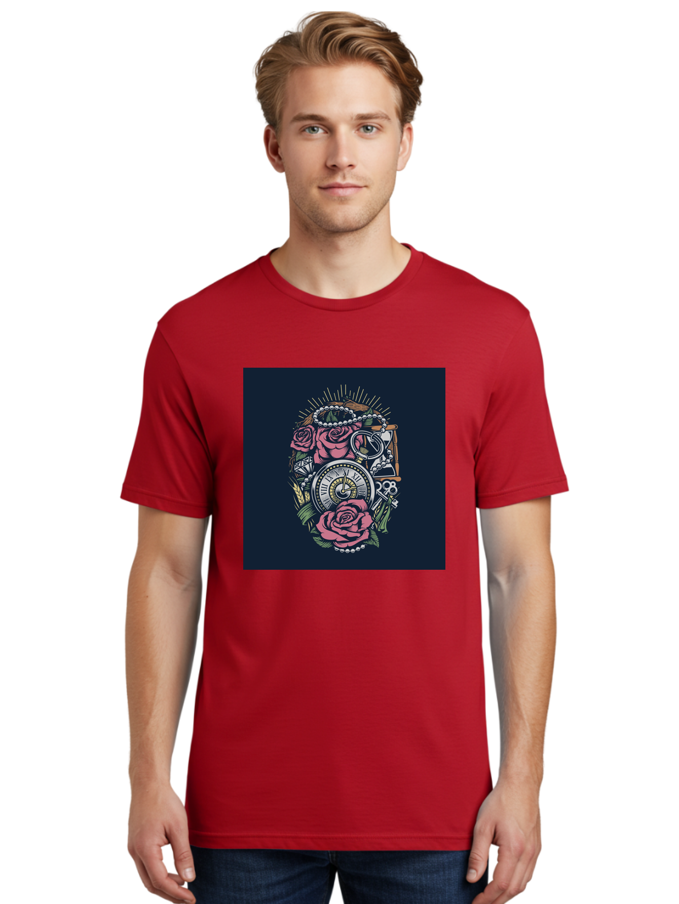 Tattoo-Roses-With-Pocket-Watch-Keys Men'S Graphic Tee, 100% Cotton, Comfortable Casual Summer Wear, Machine Washable, Pocket Watch, Roses, Floral Design, Vintage Clock, Jewelry, Keys, Tattoo Art, Intricate Details, Classic Style, Aab486