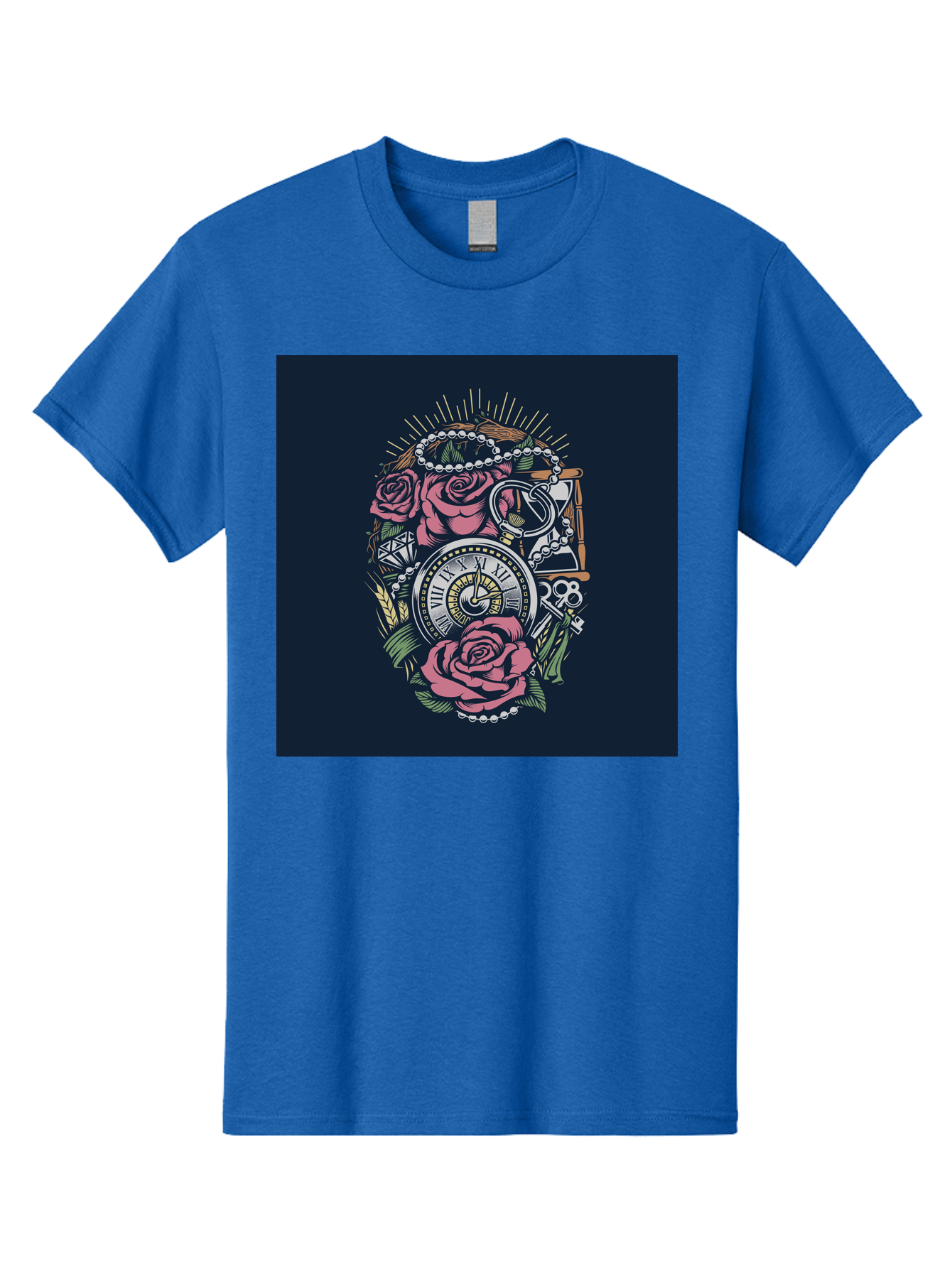 Tattoo-Roses-With-Pocket-Watch-Keys Men'S Graphic Tee, 100% Cotton, Comfortable Casual Summer Wear, Machine Washable, Pocket Watch, Roses, Floral Design, Vintage Clock, Jewelry, Keys, Tattoo Art, Intricate Details, Classic Style, Aab486