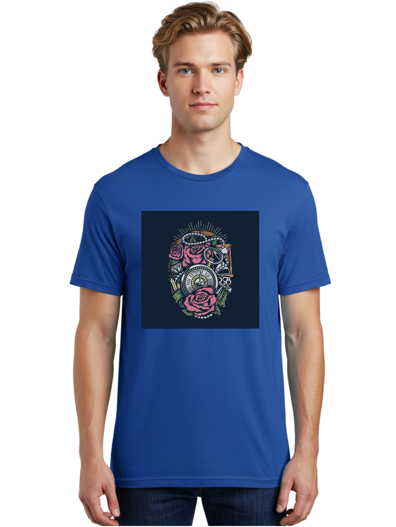 Tattoo-Roses-With-Pocket-Watch-Keys Men'S Graphic Tee, 100% Cotton, Comfortable Casual Summer Wear, Machine Washable, Pocket Watch, Roses, Floral Design, Vintage Clock, Jewelry, Keys, Tattoo Art, Intricate Details, Classic Style, Aab486